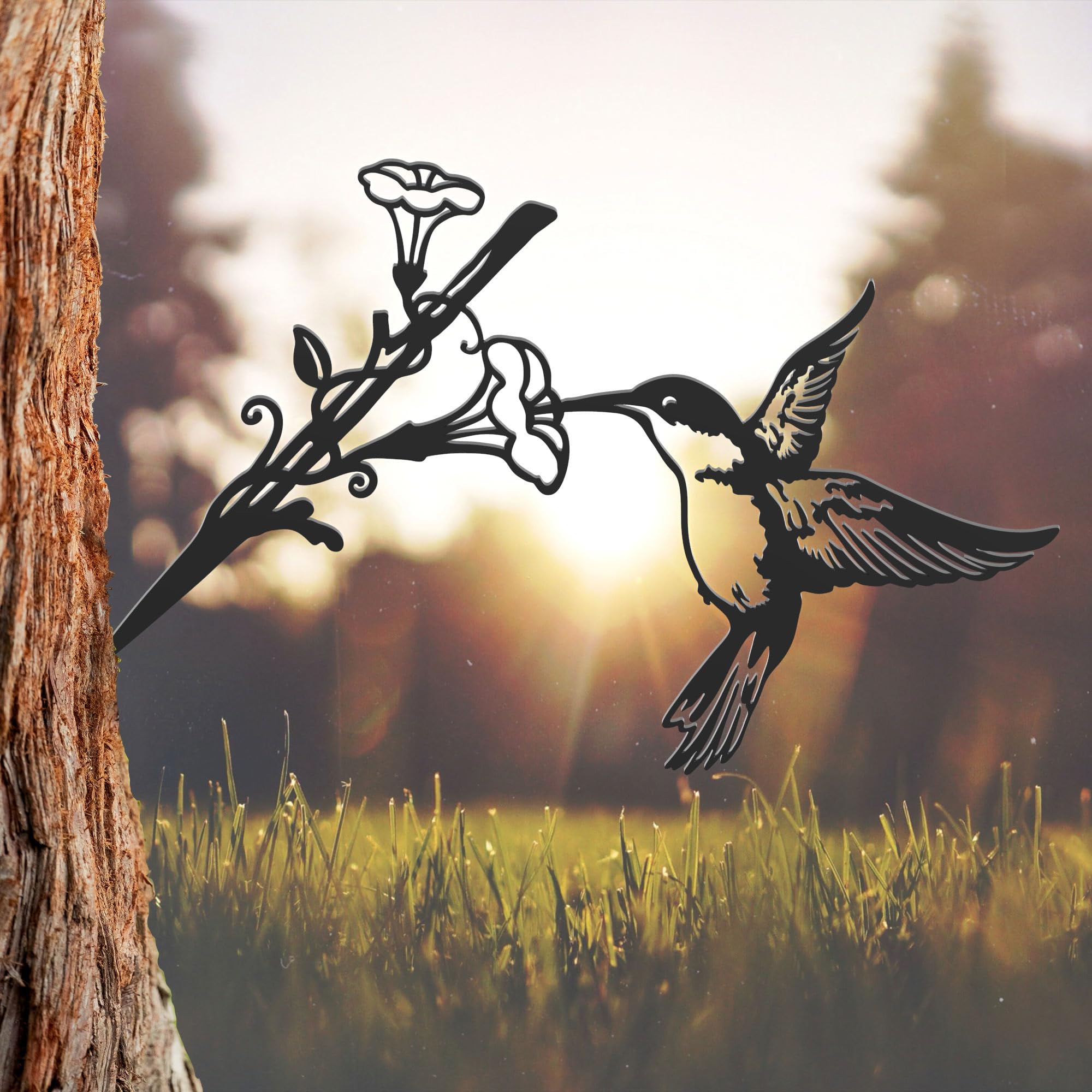 Metal Bird Decor, Hummingbird Gifts for Mom Enchanting Hummingbird Decoration, Metal Wall Art, Outdoor Tree Ornaments – A Unique Garden & Yard Decor (Black)