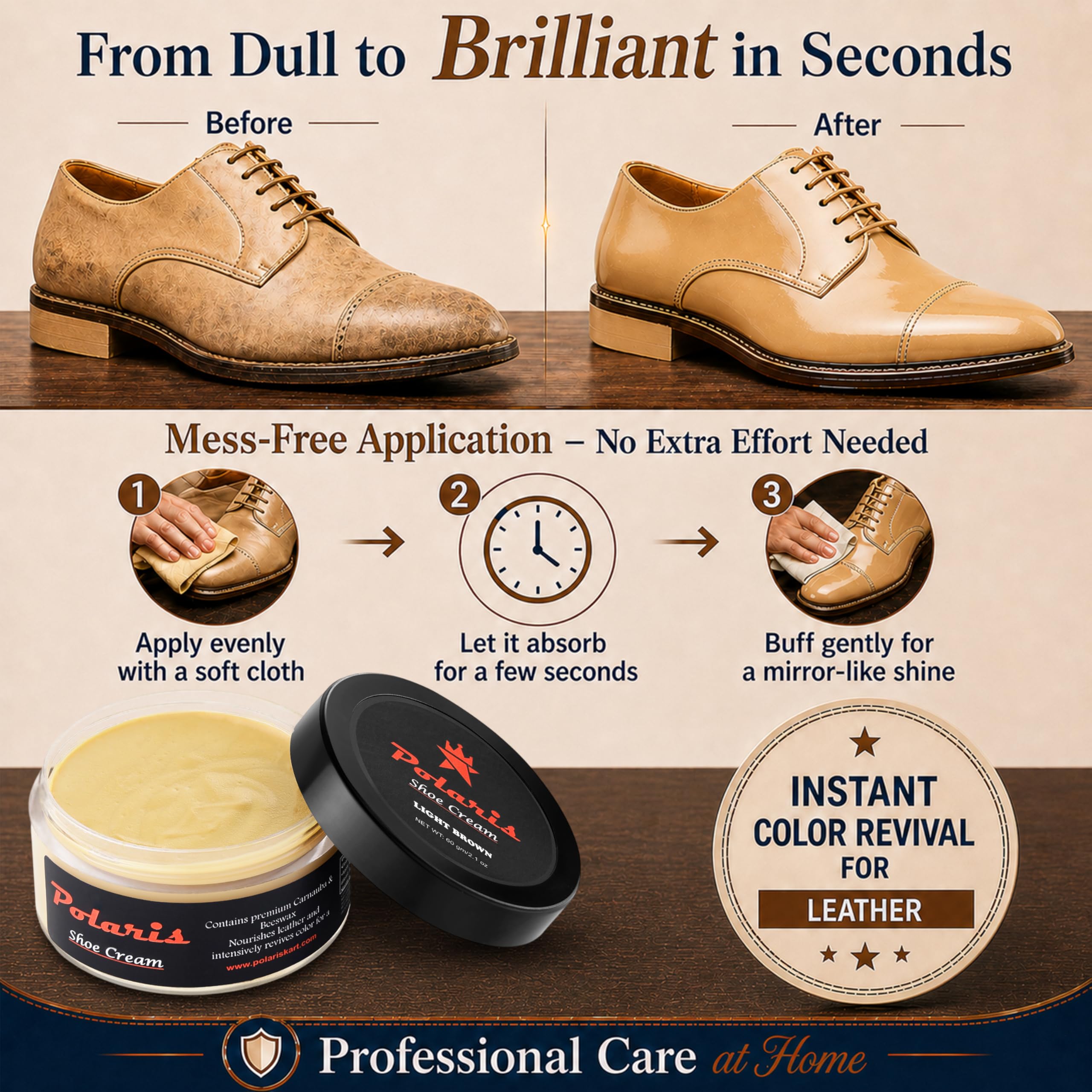 polaris Shoe Cream Light Brown 60gm | Premium Leather Shoe Polish & Shoe Shine Cream | Long Lasting Leather Conditioner Shoes & Shoe Color Restorer for Formal Shoes, Boots, Bags & Belts 1