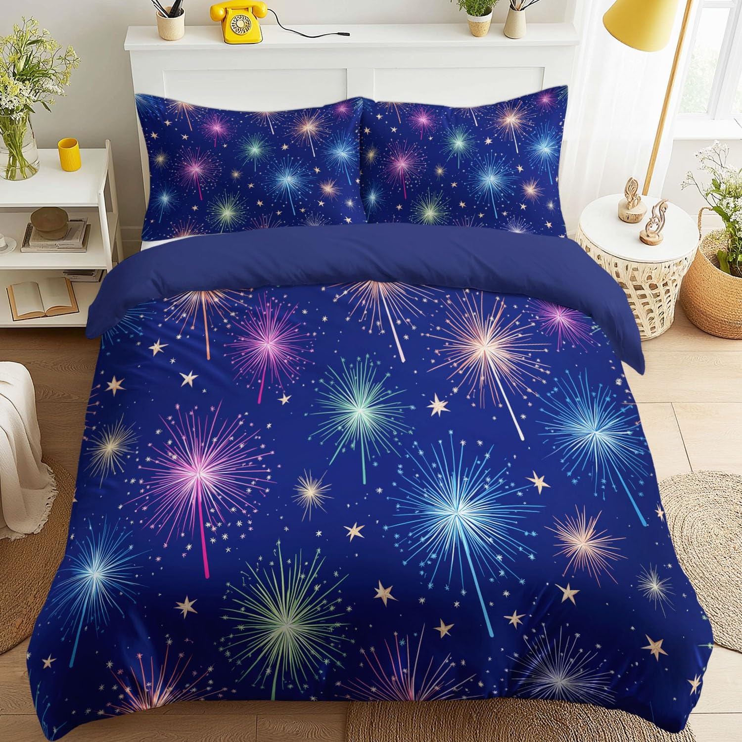 Generisch Bettwäsche Set 200 x 220 cm 3teilig Romantisch Bunt Blühend Feuerwerk, Weicher Mikrofaser-Bettbezug mit Kissenbezug Wendebettwäsche Deckenbezug, Erwachsenengrößen, Blau Traumhaft