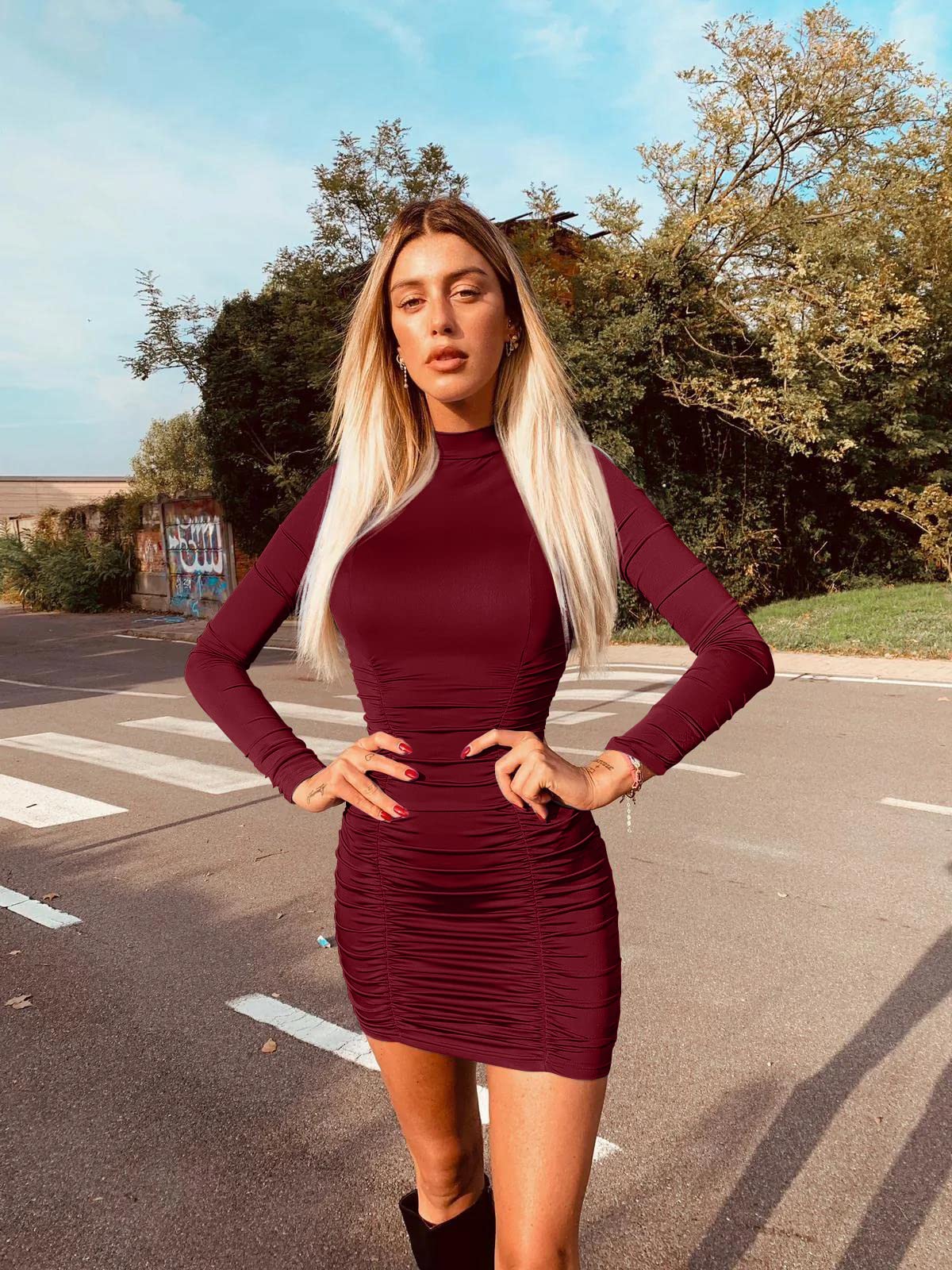 GOKATOSAU Vestido corto sexy de manga larga con cuello alto fruncido para fiesta de discoteca