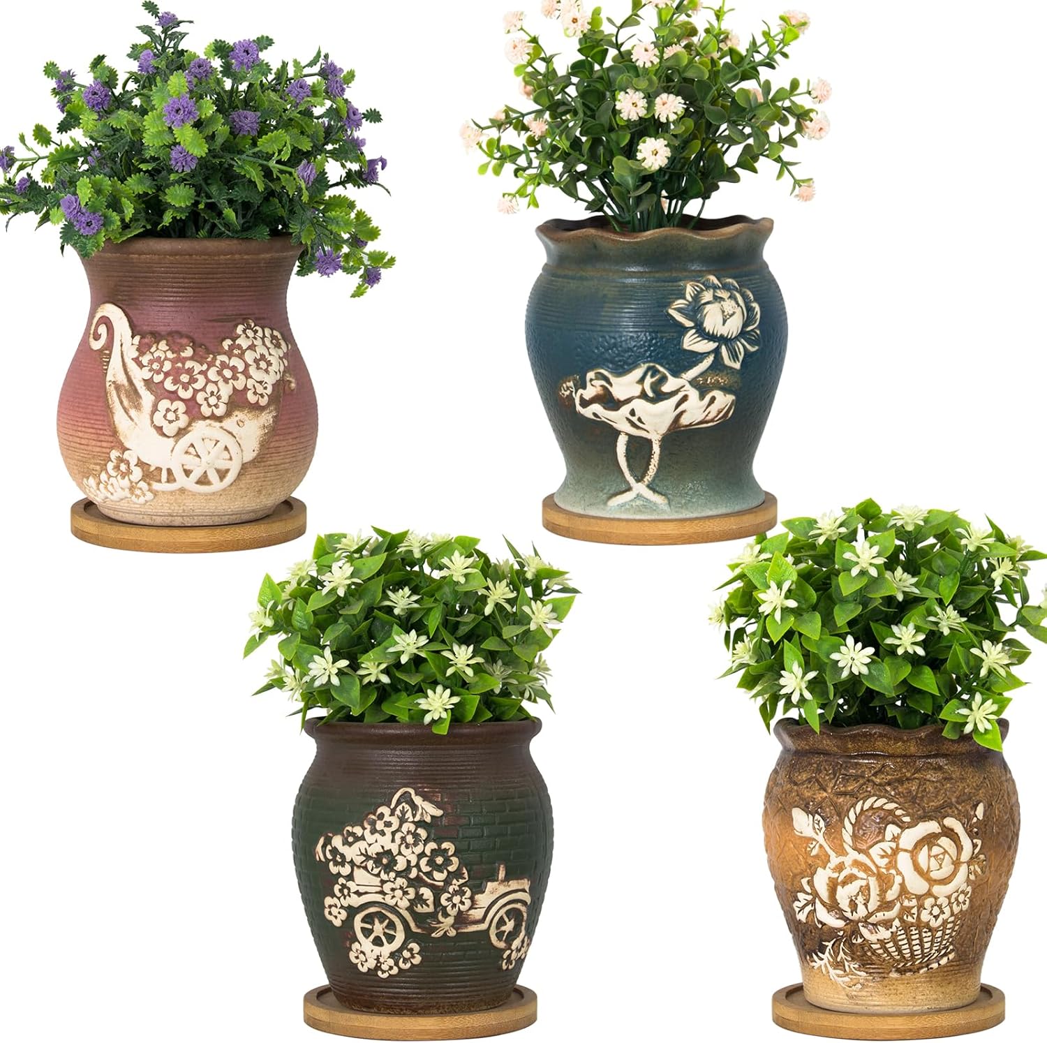 ARTKETTY 4 Inch Ceramic Plant Pots with Drainage Hole Set of 4, Vintage Flower Pots with Bamboo Trays Small Planters for Indoor Cactus, Herbs and Succulent Plants Decorative Garden Home