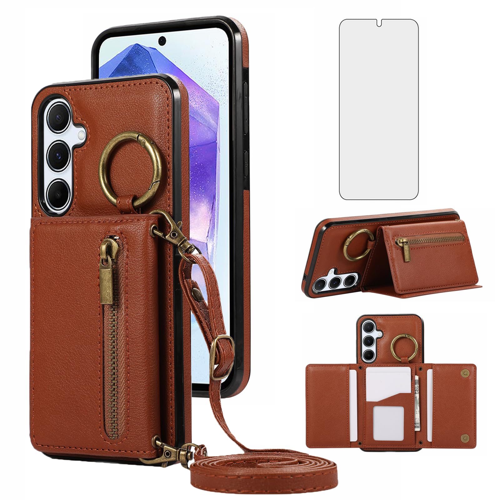 Asuwish Compatible with Samsung Galaxy S23 FE 5G Wallet Case with Tempered Glass Screen Protector and Crossbody Shoulder Strap Buckle Card Holder Cell