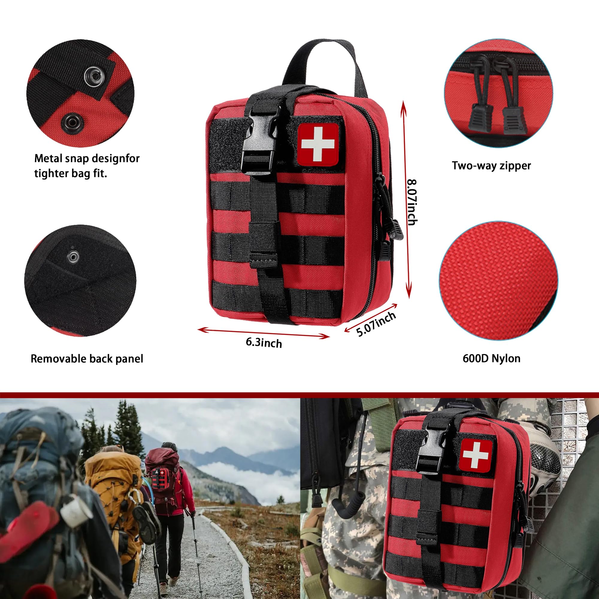 Juego de 293 bolsas Molle de primeros auxilios, kit de supervivencia de emergencia adecuado para actividades al aire libre, hogar, escuela, senderismo, viajes en coche y camping, artículos esenciales