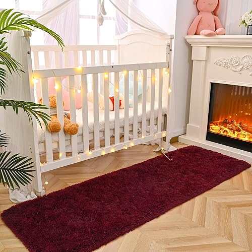 Miniatura 6 de DweIke - Alfombra de noche suave para dormitorio, alfombras peludas de felpa de 2 x 6 pies, alfombras de sala de estar rojo oscuro para sala de