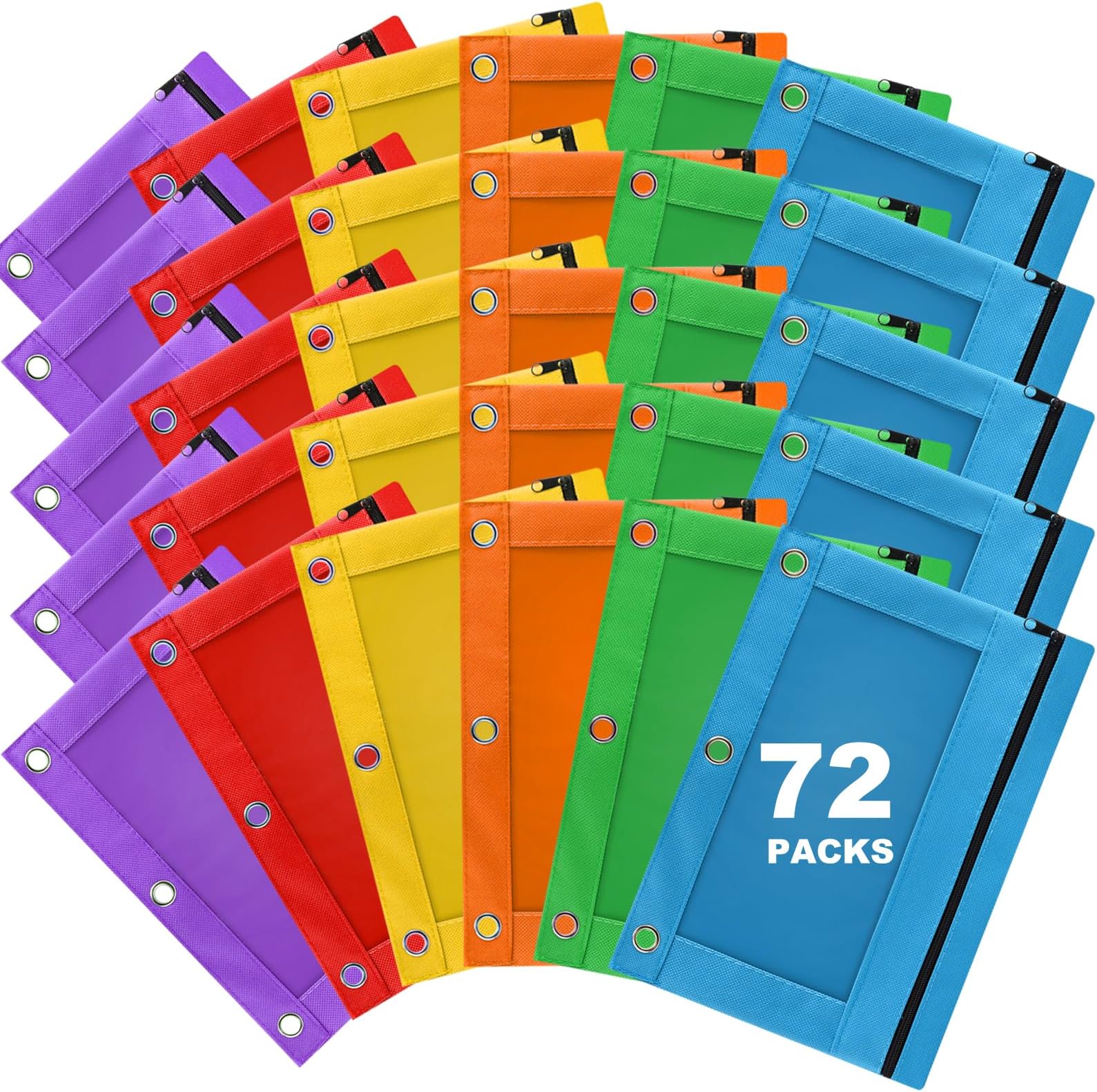 Pencil Pouch for 3 Ring Binder, 72 Pack Bulk Pencil Bags with Zipper, 6 Colored Pencil Case for Classroom School Office Supplies, Large Sturdy and Durable Cloth Pencil Pocket for 3 Holder Binder