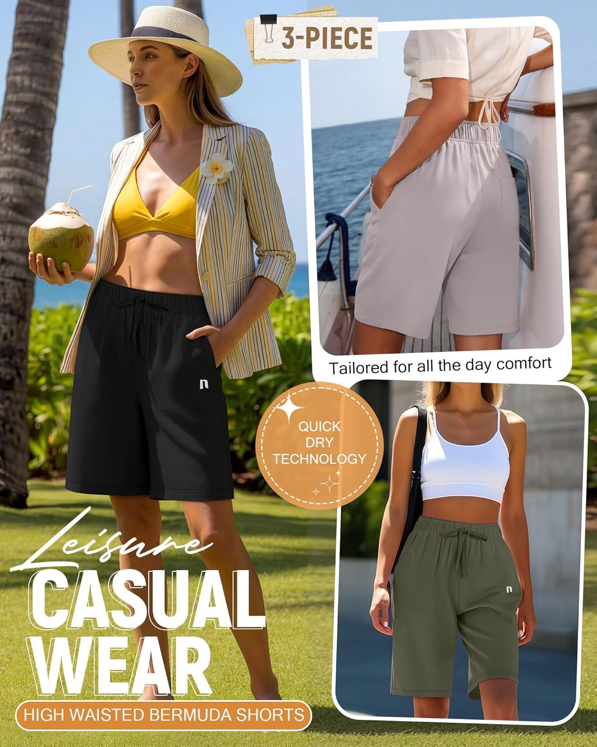 Neer 3 Pack Women's Quick Dry Shorts Women Drawstring High Waisted Bermuda Athletic Shorts with Pockets - Image 3