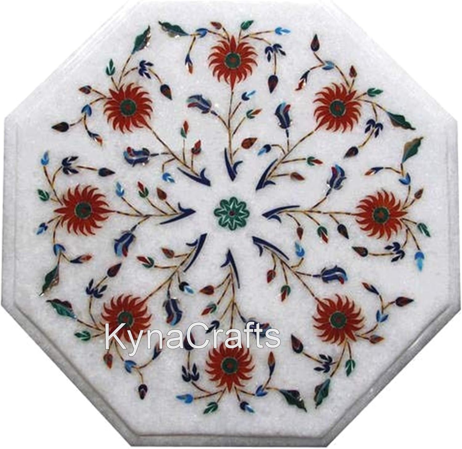 12 x 12 Inches White Marble Coffee Table Top Semi Precious Stone Inlay Work Outdoor Table Top for Restaurant and Hotel Decor
