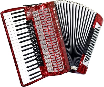 New German Piano Accordion Weltmeister Saphir Red Pearl, made in Germany, 120 Bass buttons, Full Size Keyboard Accordian, Original Straps and Hard Case, Perfect Professional Accordion for Adults