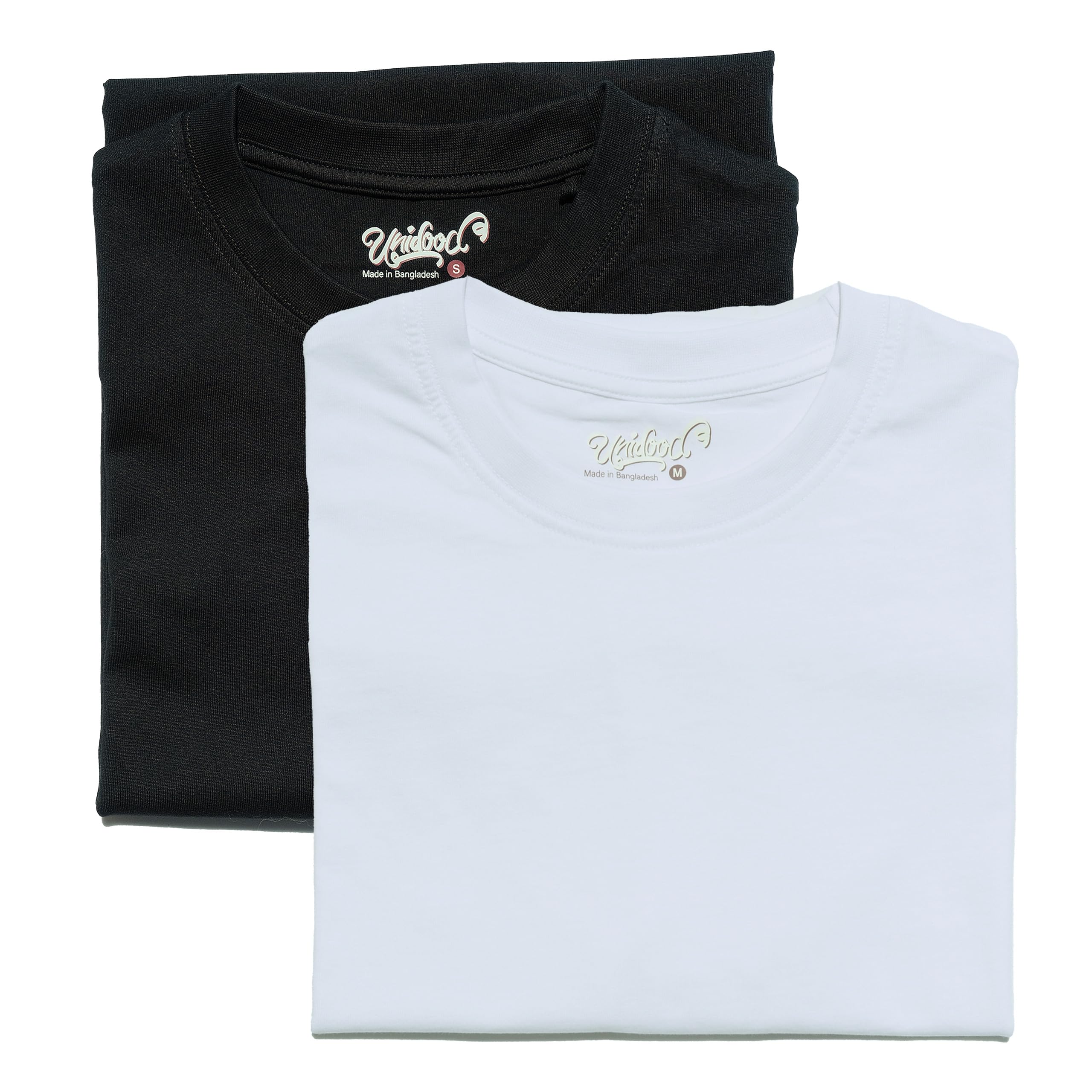 UNIDOOD Camiseta (Pack 2) Manga Corta para Hombre y Mujer | Camiseta de Cuello Redondo 100% Algodón Peinado(Talla S, Blanco y Negro)