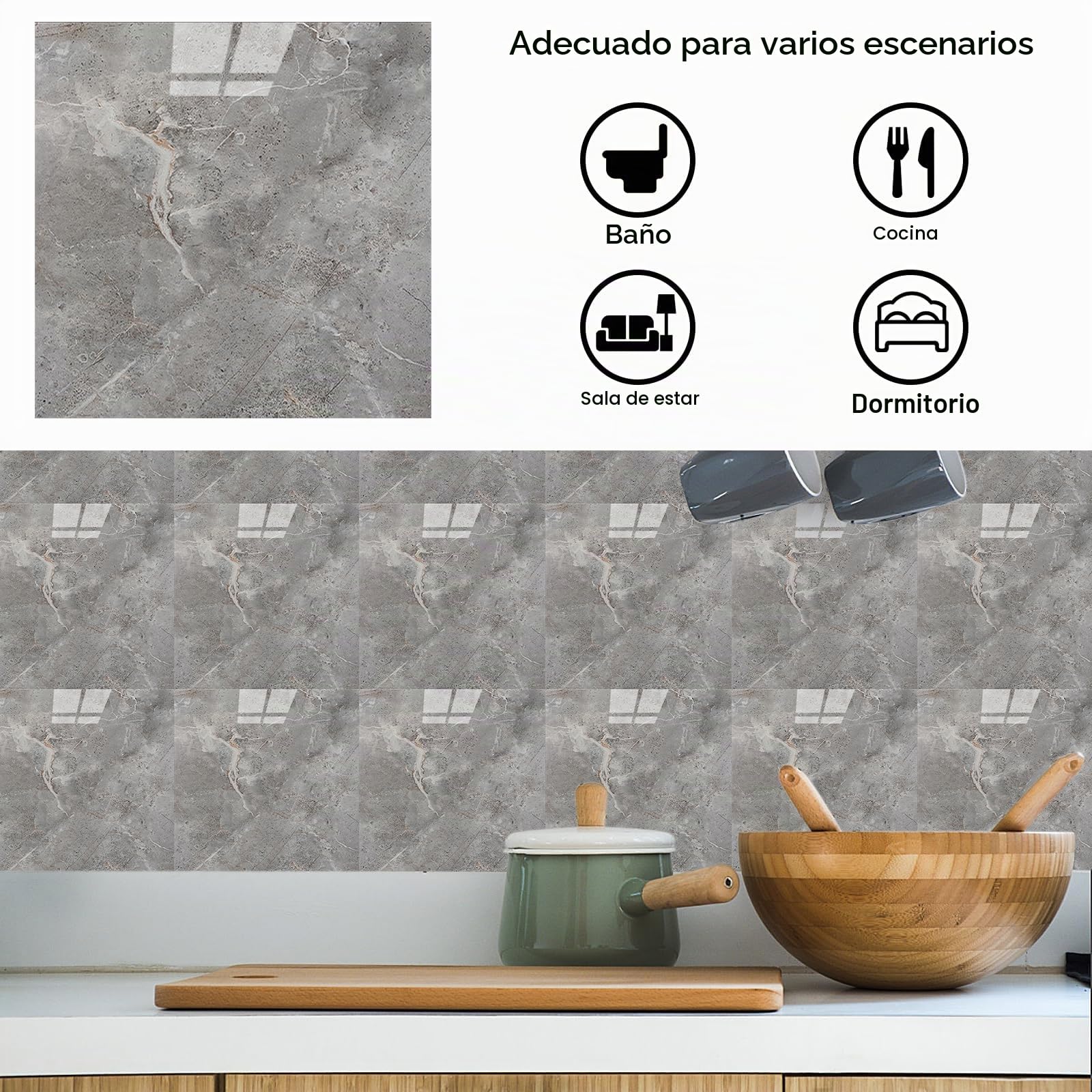 22 adhesivos para azulejos, efecto mármol, 30 x 30 cm, suelo de PET autoadhesivo, para cocina, baño, dormitorio, salón (gris arenisca)