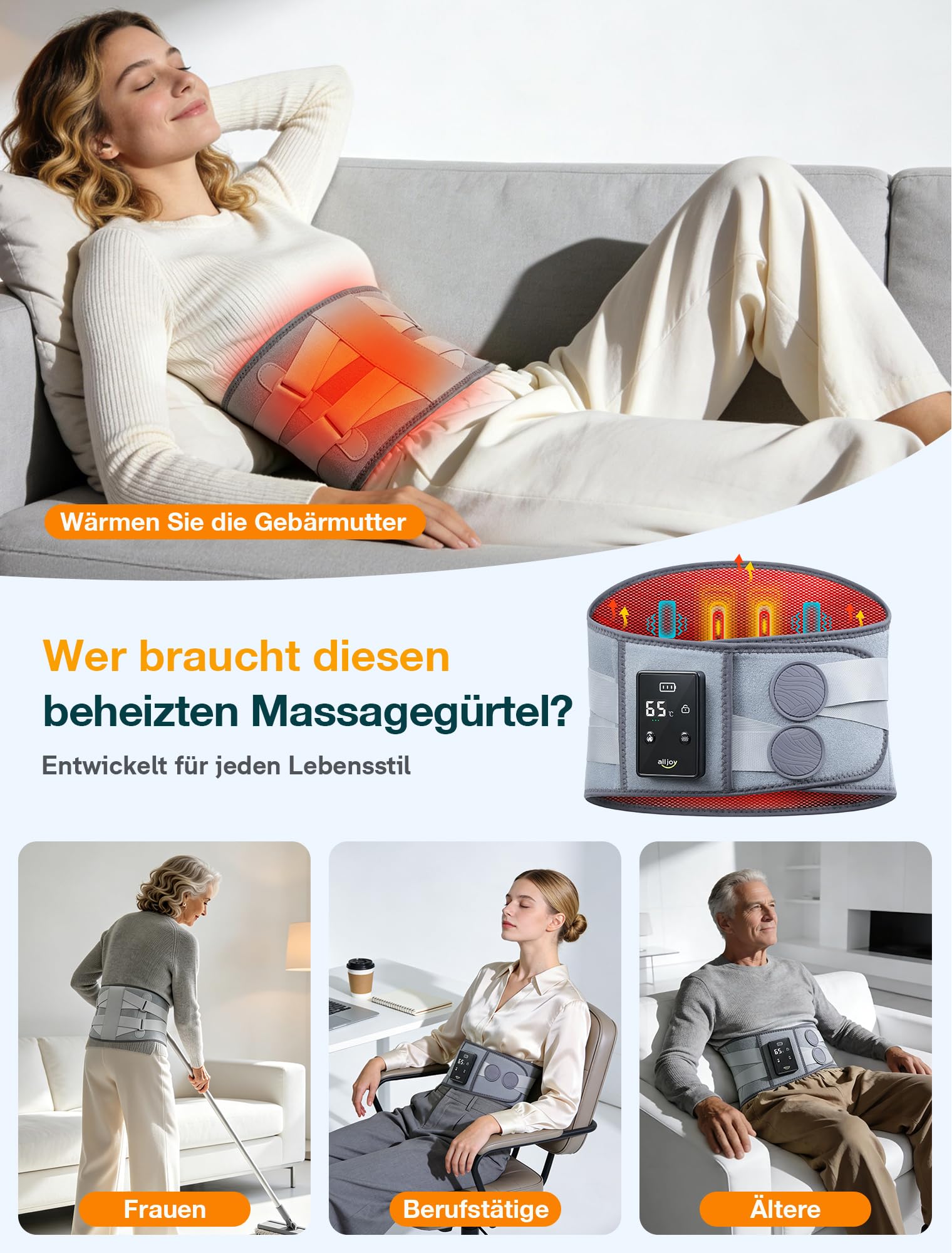 ALLJOY 170CM Wärmegürtel Rücken Heizkissen Kabellos Massagegerät, 5000mAh Heizkissen mit Abschaltautomatik, Wärmekissen für Rücken mit 5 Massagemodi 3 Wärmestufen, Geschenke für Männer Frauen