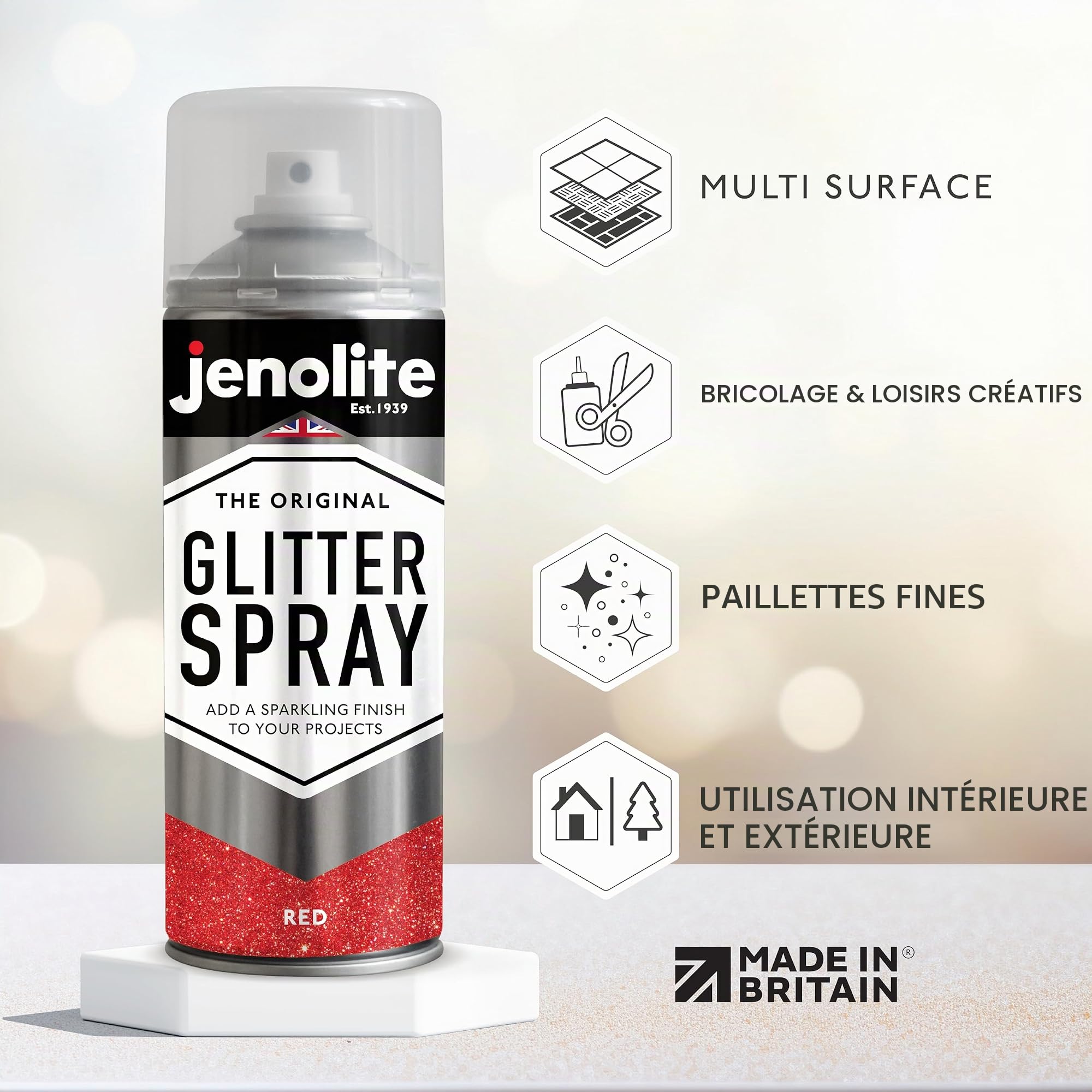 JENOLITE Peinture à paillettes en aérosol | ROUGE | Peinture pailletée | Multisurface | Parfait pour l'artisanat et les loisirs | 3 x 400ml