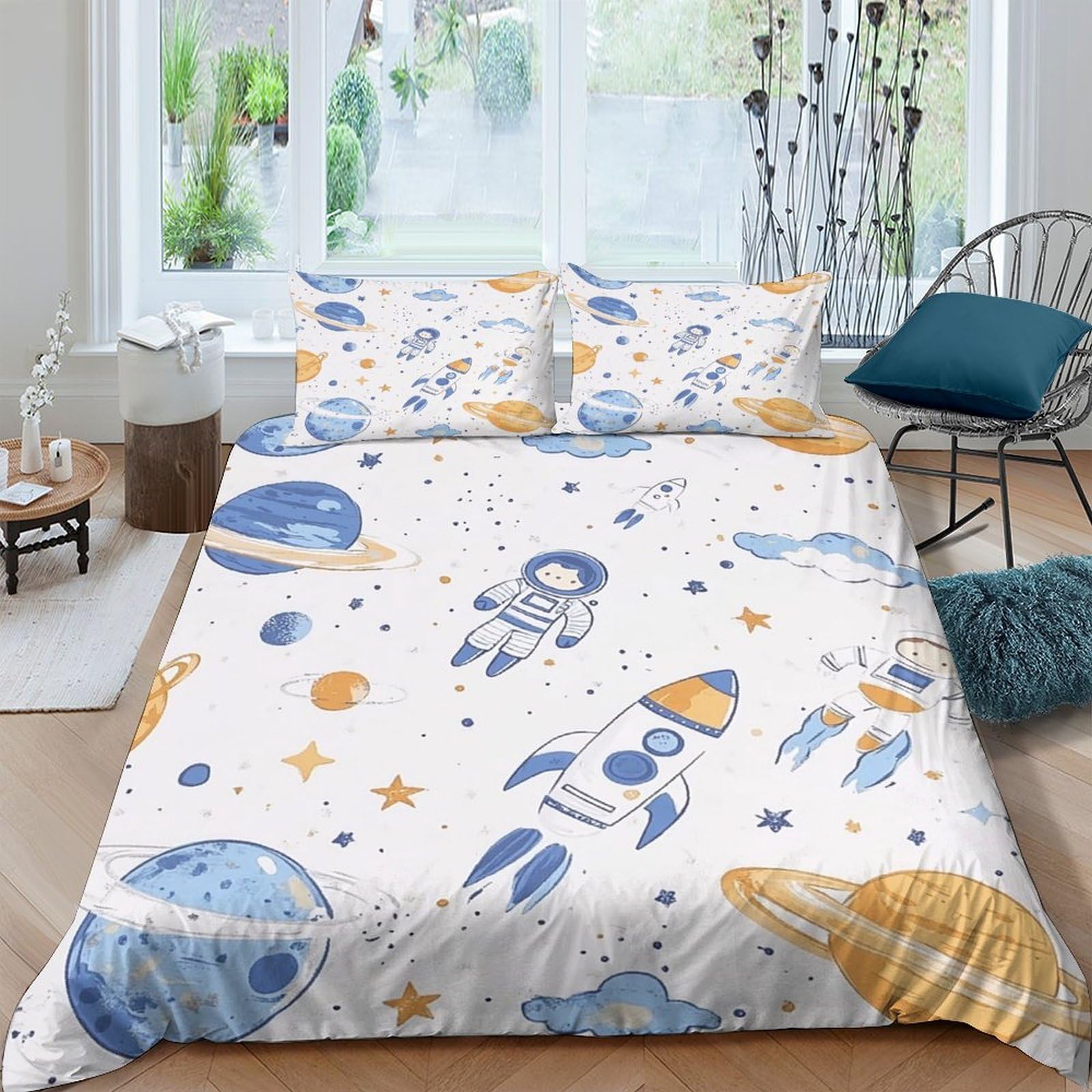 Ctjqhvkz Style-1 3D Printed Space Astronaut Fitted Sheet Microfiber Soft Planet Rocket Bed Sheet For Bedroom Dorm Mattress Protection Decor Single（135X200cm）
