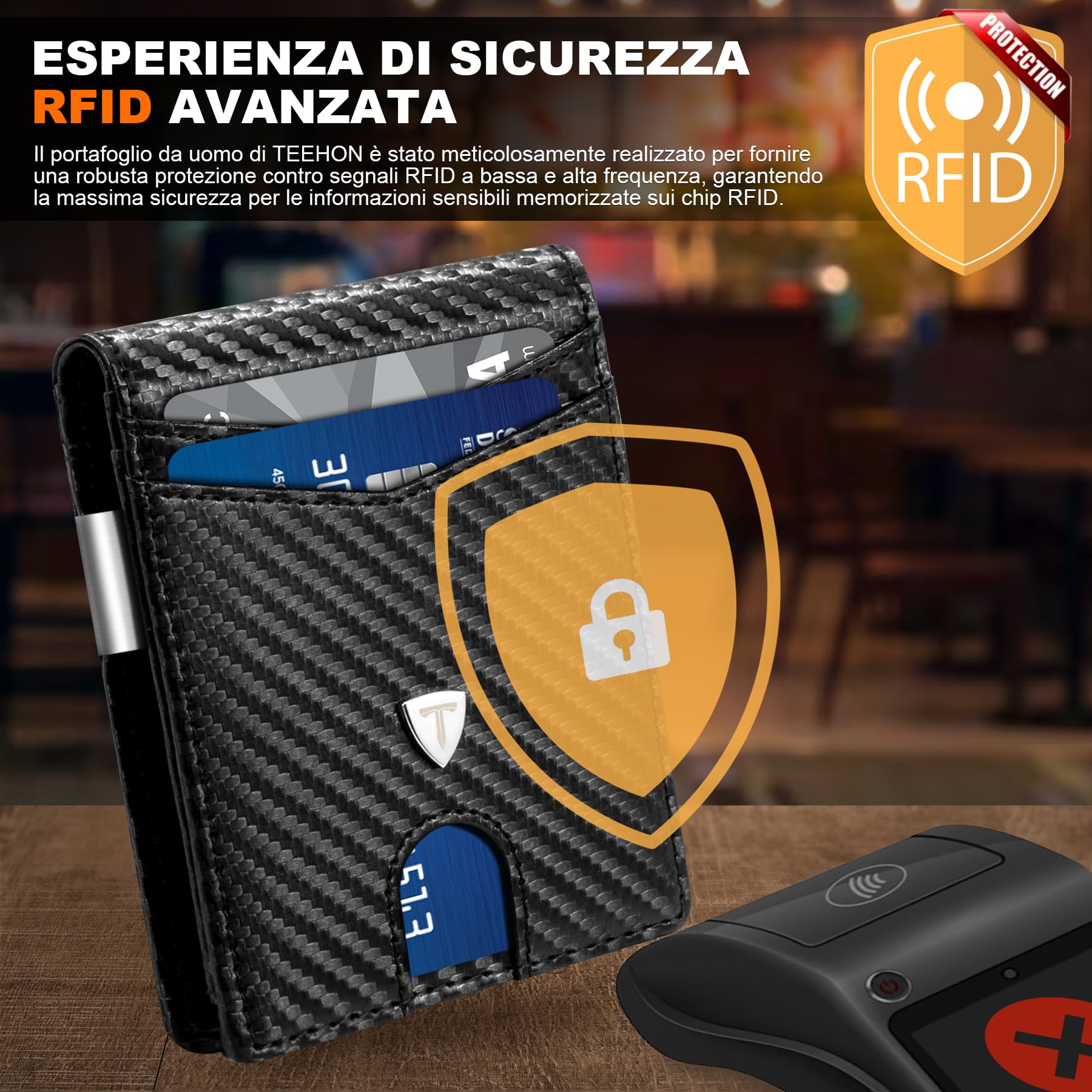 TEEHON Portafoglio Uomo RFID Blocking Portafoglio Uomo Slim Pelle in Fibra di Carbonio con 12 Porta Carte di Credito Uomo, ID Window, Fermasoldi, Bi-Fold Minimalista - Nero (nero)