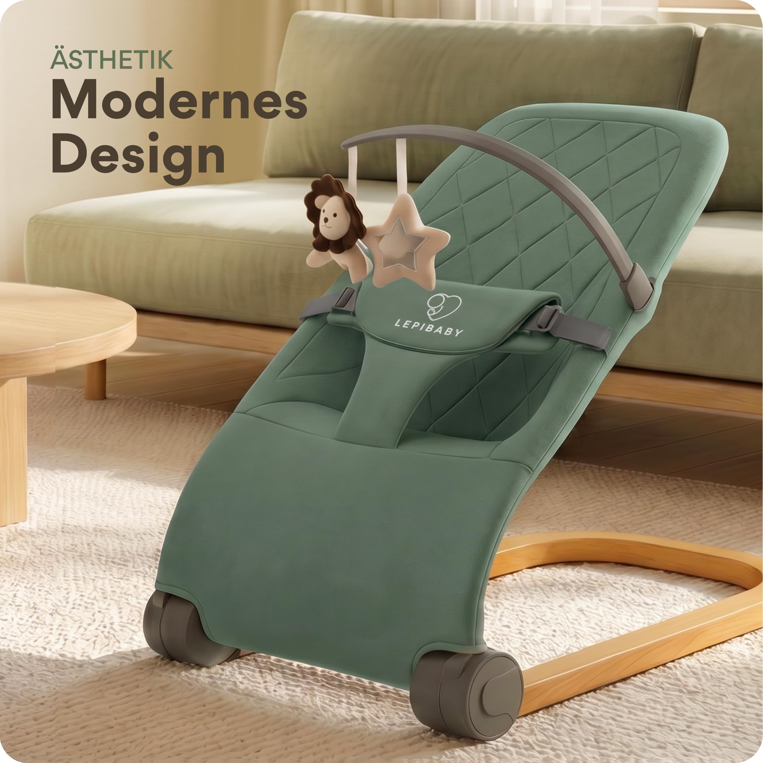 Babywippe Neugeborene, 0 bis 12 Monate, Baby Wippe, Baby Bouncer | Faltbarer Baby Rocker, Babyschaukel mit Spielbogen, Verstellbare Babywiege, Baby Schaukel leicht waschbar, SamiBu Grün