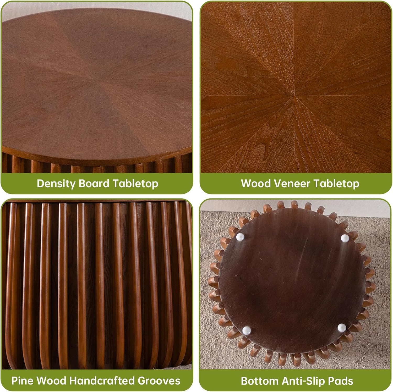 Round Nesting Coffee Table with Storage, 26" Round Wood Fluted Coffee Tables Set of 2 with Storage for Living Room Mid-Century Modern Circle Nesting End Side Table (A)