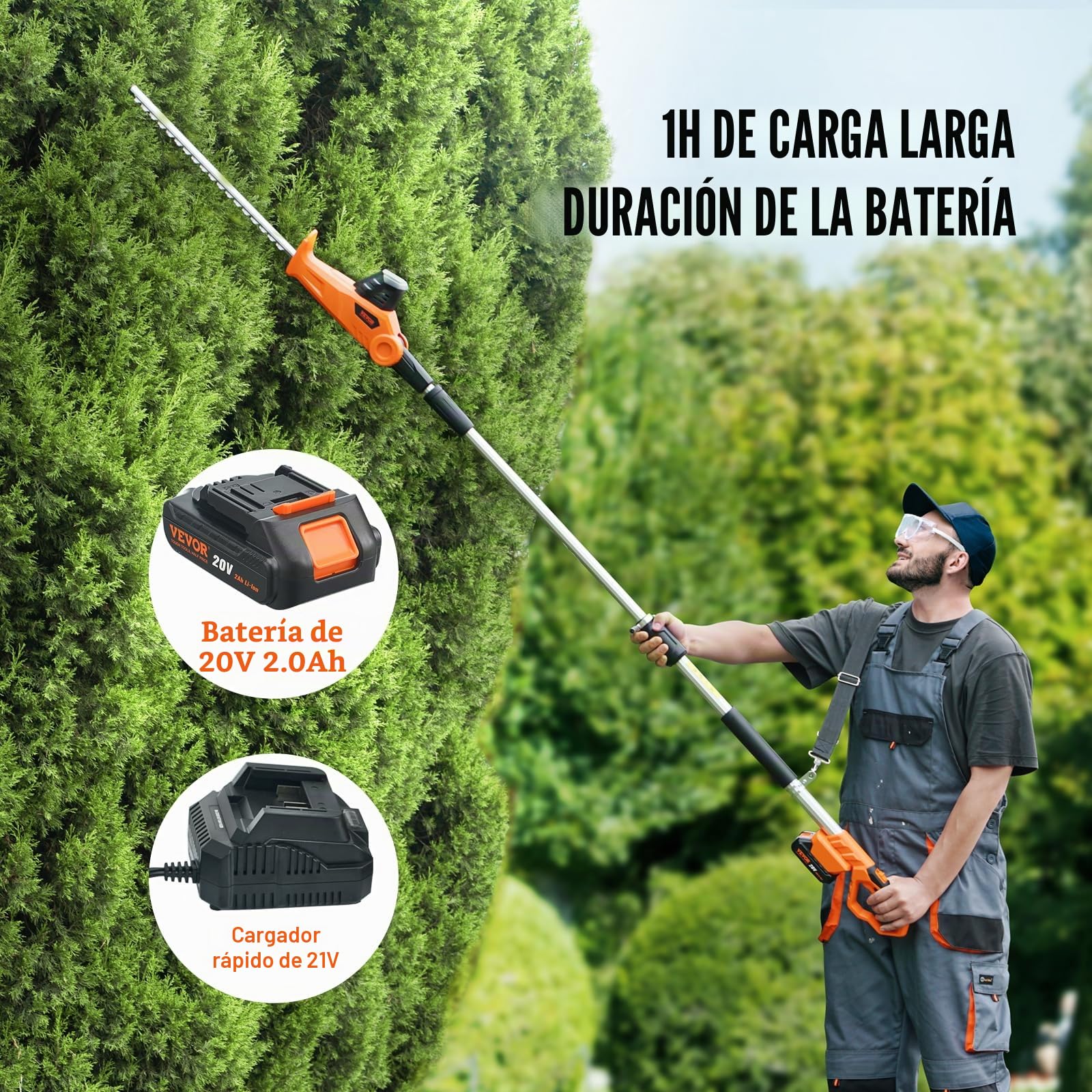 VEVOR Cortasetos a Batería 20 V Cortasetos Inalámbrico Cuchilla de Acero de Doble Filo 45,7 cm Mástil Telescópico 188-239 cm Cortasetos Eléctrico con Cargador Rápido para Plantas Altas