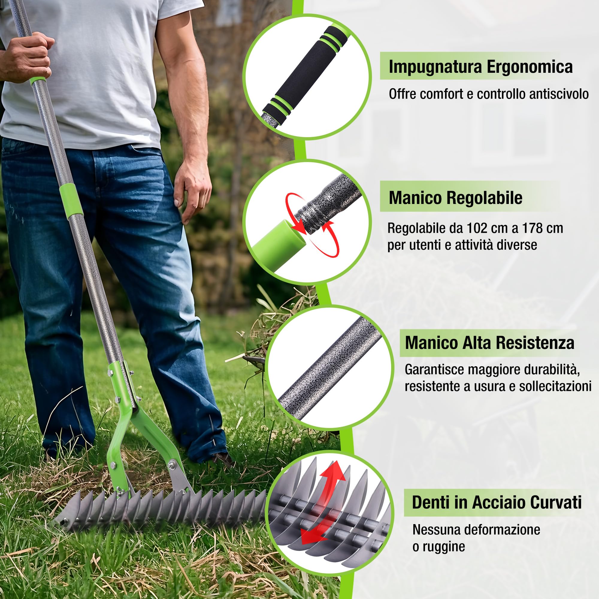 WORKPRO Rastrello per Foglie con Manico, Larghezza di Lavoro 38 cm, Impugnatura Regolabile 102–178 cm, Soffiatore per Foglie Ergonomico con Testina Rastrello Bifacciale per Foglie, Cortile e Prato