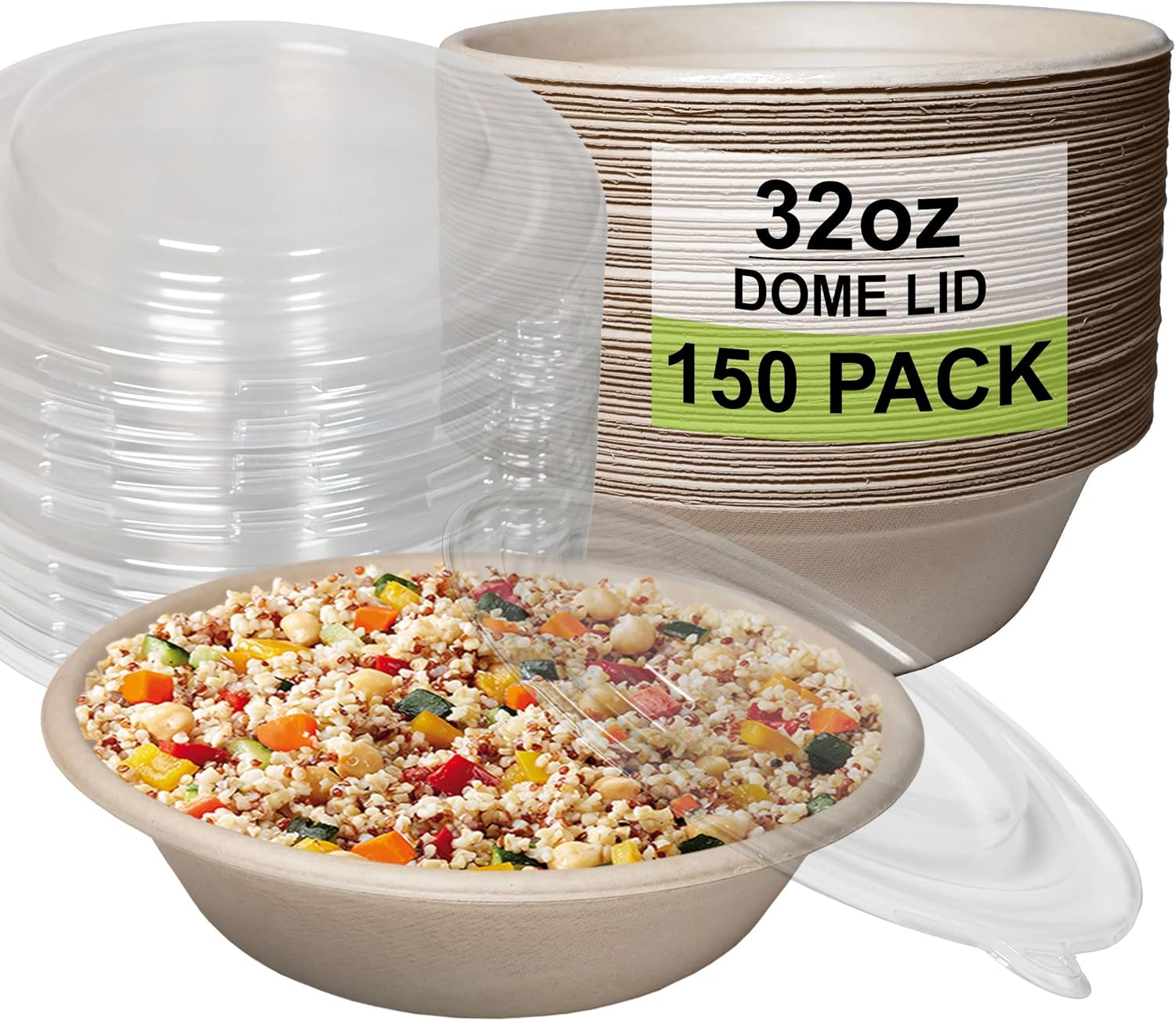 150 Count - EcoQuality 32oz Round Disposable Bowls with Dome Lids Natural Sugarcane Bagasse Bamboo Fibers Sturdy Compostable Eco Friendly Environmental Paper Plastic Bowl Alternative Tree Free