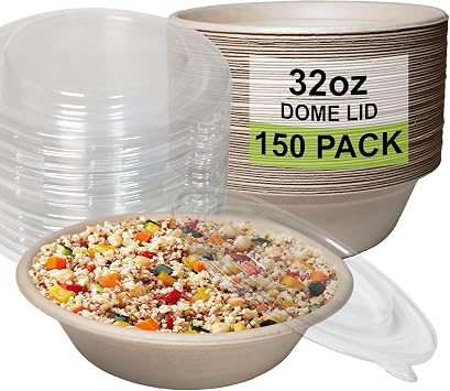 150 Count - EcoQuality 32oz Round Disposable Bowls with Dome Lids Natural Sugarcane Bagasse Bamboo Fibers Sturdy Compostable Eco Friendly Environmental Paper Plastic Bowl Alternative Tree Free