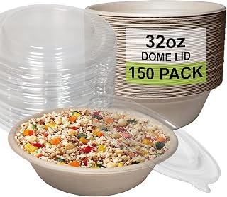 150 Count - EcoQuality 32oz Round Disposable Bowls with Dome Lids Natural Sugarcane Bagasse Bamboo Fibers Sturdy Compostable Eco Friendly Environmental Paper Plastic Bowl Alternative Tree Free