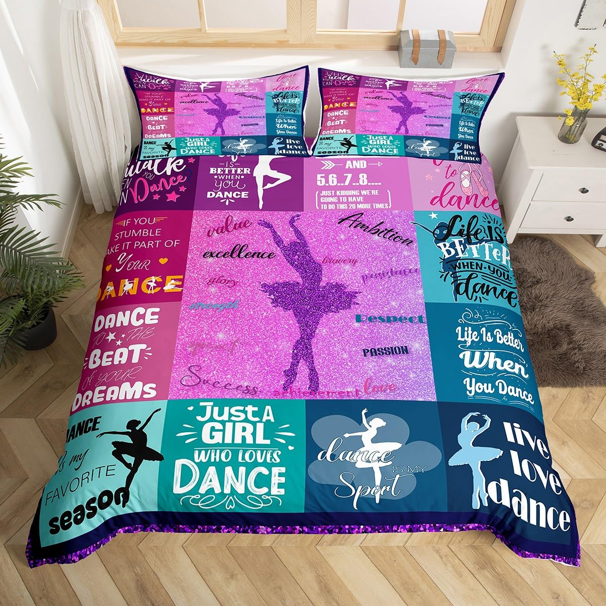 Homewish Girls Multi 21 Dance Duvet Cover Single Size,Glitter Ballet Bedding Set For Kids Teens Youth,Ballerinas Comforter Cover,Dancer Grid Patchwork Bed Cover With 1 Pillowcase Lightweight Zipper&Ties