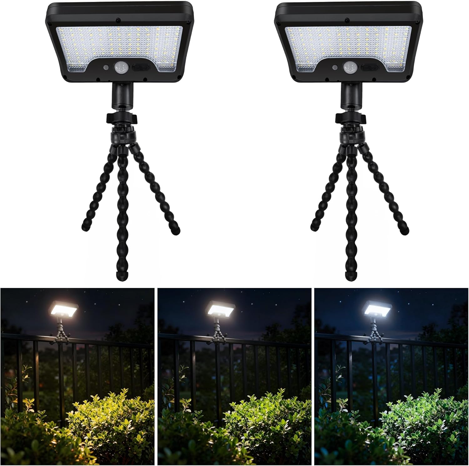 Solar Motion Lights Outdoor with Flexible Octopus Tripod, 12V Low Voltage Lights with Type-C USB, IP65 Waterproof Directional Fixture Black for Fence Travel [2-Pack]