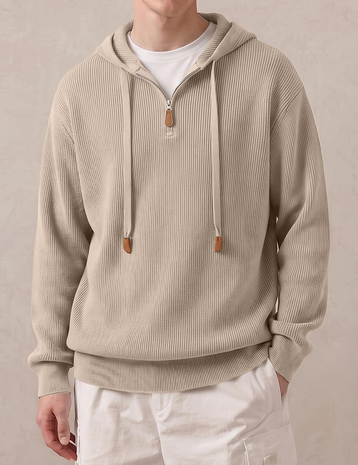 JMIERR Men's Quarter Zip Ribbed Knit Hoodie Casual Long Sleeve Sweater | Leather Zipper Puller, Drawstring, Old Money Pullover, Soft Ribbed Texture, Fall Winter, Regular Fit, Wrinkle Resistant