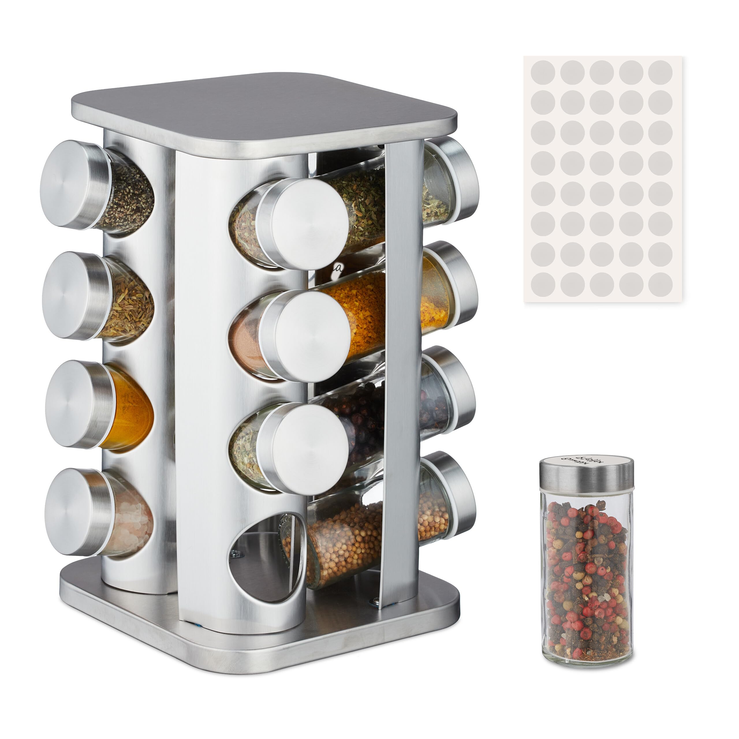 Relaxdays Spice Carousel, 16 Herb Jars, 40 Labels, 360° Rotatable, Stainless Steel, Glass, HxWxD: 28x20x20 cm, Silver