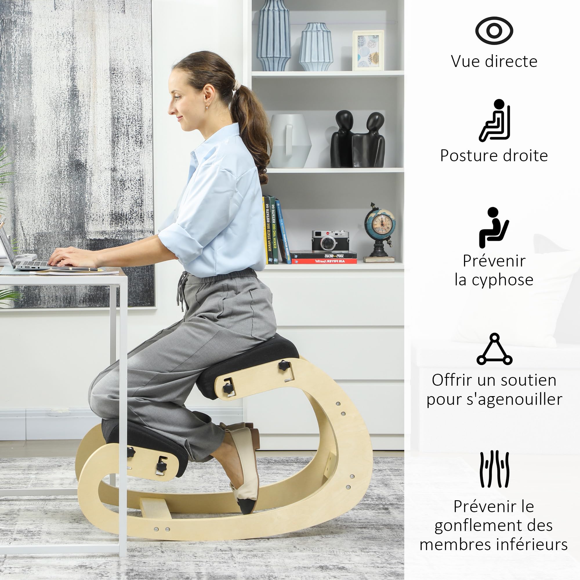 HOMCOM Asiento de Rodilla, Asiento Ergonómico de Madera basculante, Silla de Rodilla ajustable para Oficina en casa, Mejorar la Postura, Dolor de Espalda, Negro