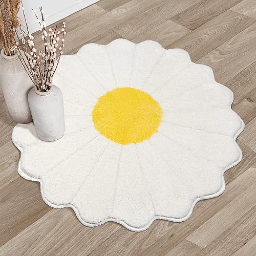 NOTASA Kids Rug Small Rugs for Bedroom Flower Round Area Rug Cute Daisy Floral White and Yellow Boho Bath Mat Non-Slip Carpet for Bathroom Nursery Aesthetic Indoor Doormat Home Decor,Diameter 2.6ft