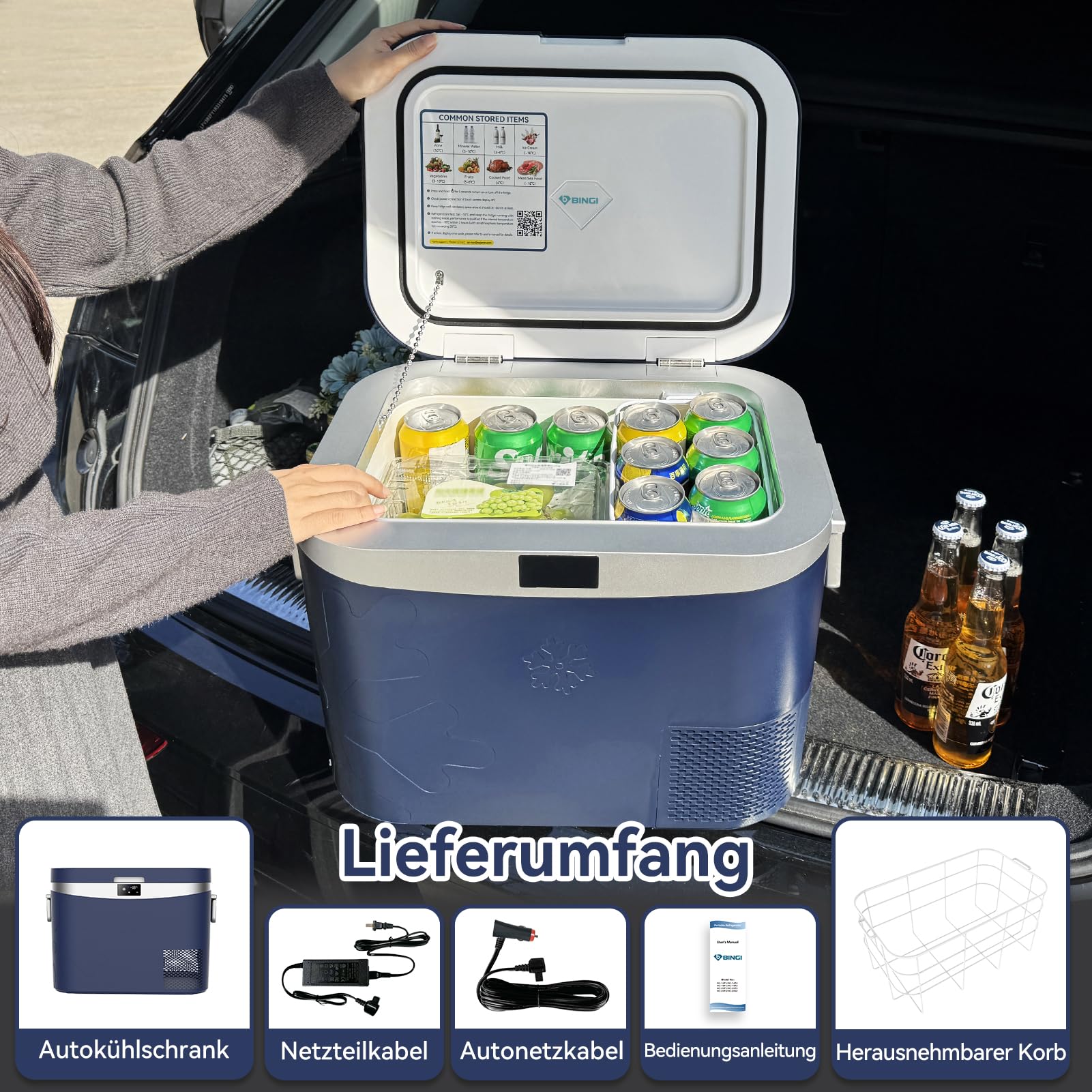 BINGI przenośna lodówka elektryczna 18 l, 12/24 V DC, elektryczna zamrażarka, przenośna zamrażarka do samochodu, ciężarówki, na piknik, kemping i do użytku domowego