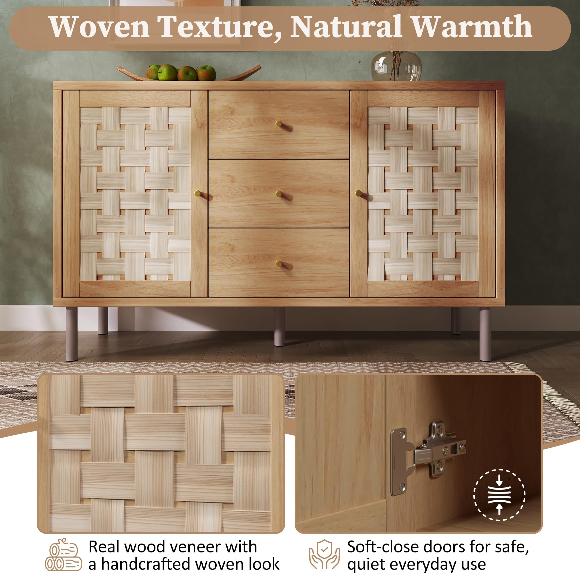 Credenza in stile rustico 120x40x75 cm, color rovere, con 2 ante, 3 cassetti, ripiani regolabili in altezza, gambe in metallo, sistema antiribaltamento, credenza per soggiorno, ingresso, cucina.