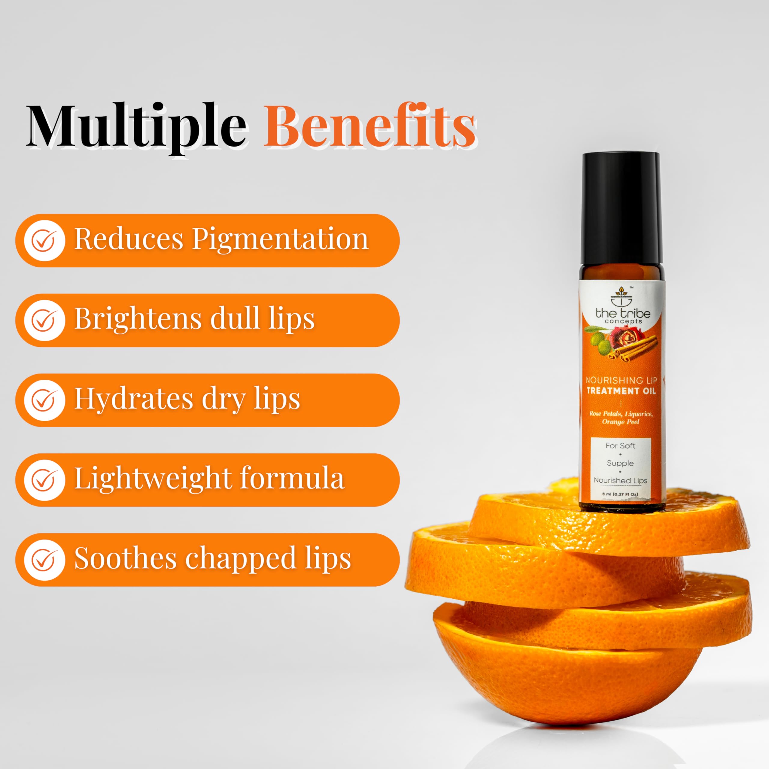 The Tribe Concepts Nourishing Lip Treatment Oil with Rose Petals, Liquorice, Orange Peel for Pigmented Lips, Lip Oil for Women Men, for Dark, Pigmented, Dull, Dry Lips, 8 ml 1 count Pack of 1 Clear