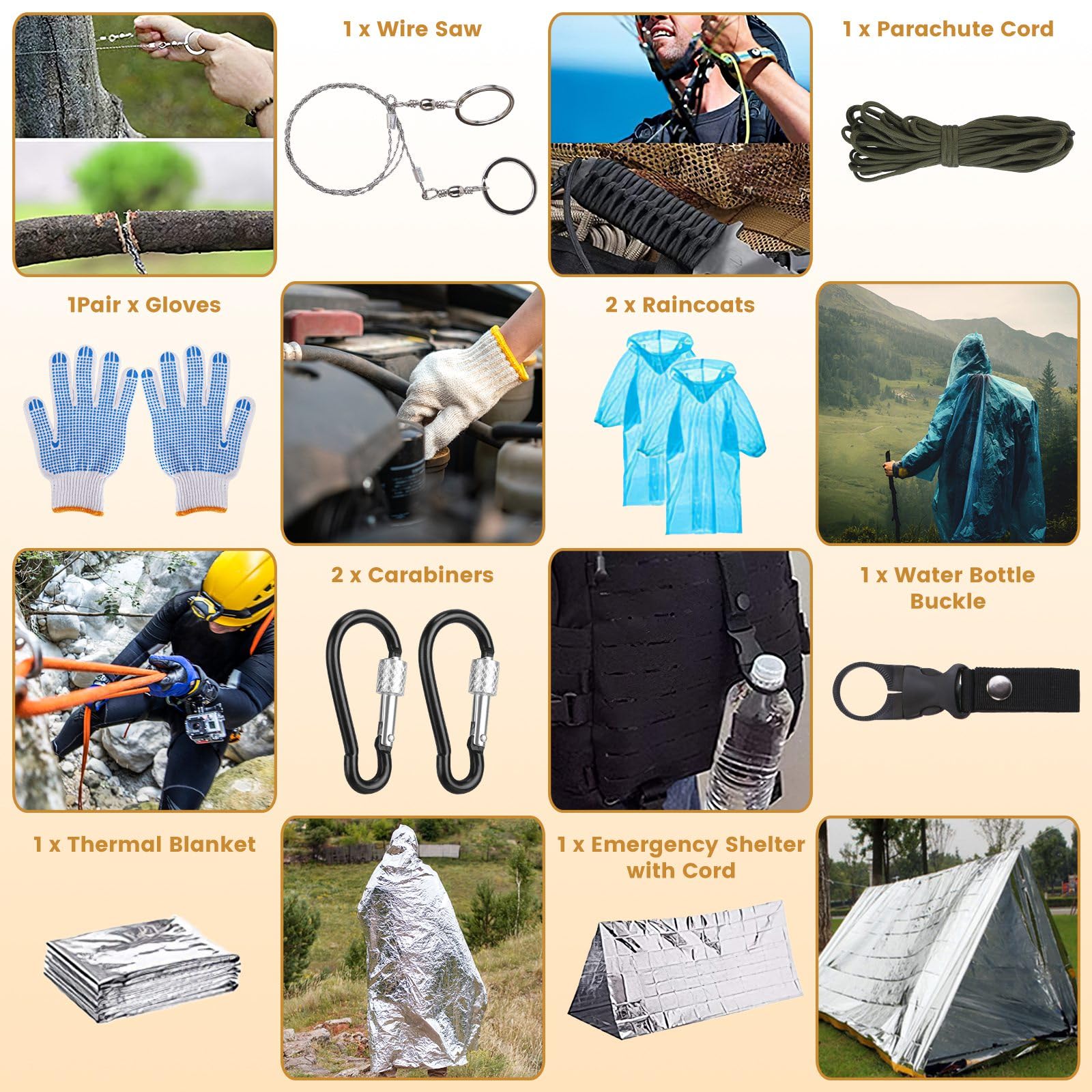 Kit de supervivencia de 125 piezas con accesorios de primeros auxilios, equipo táctico de emergencia para aventuras al aire libre, senderismo, camping, caza, pesca, terremotos y preparación para