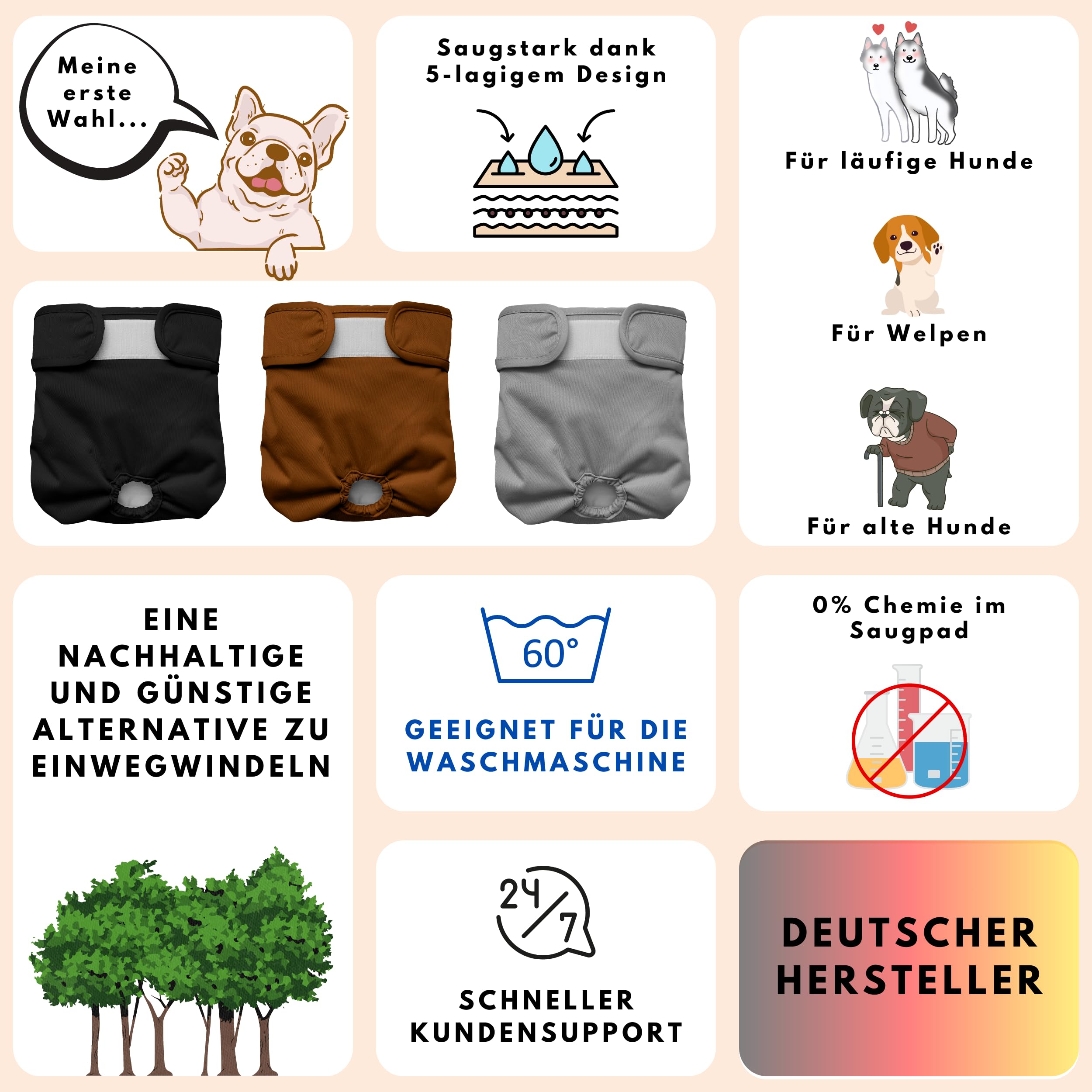 Wiederverwendbare Hundewindeln für Hündinnen (3 Stück) Waschbare Läufigkeitshose für Hündinnen bei Inkontinenz & Läufigkeit - Hundehöschen Hunde Windel - Hygienisch & Saugstarker Stoff