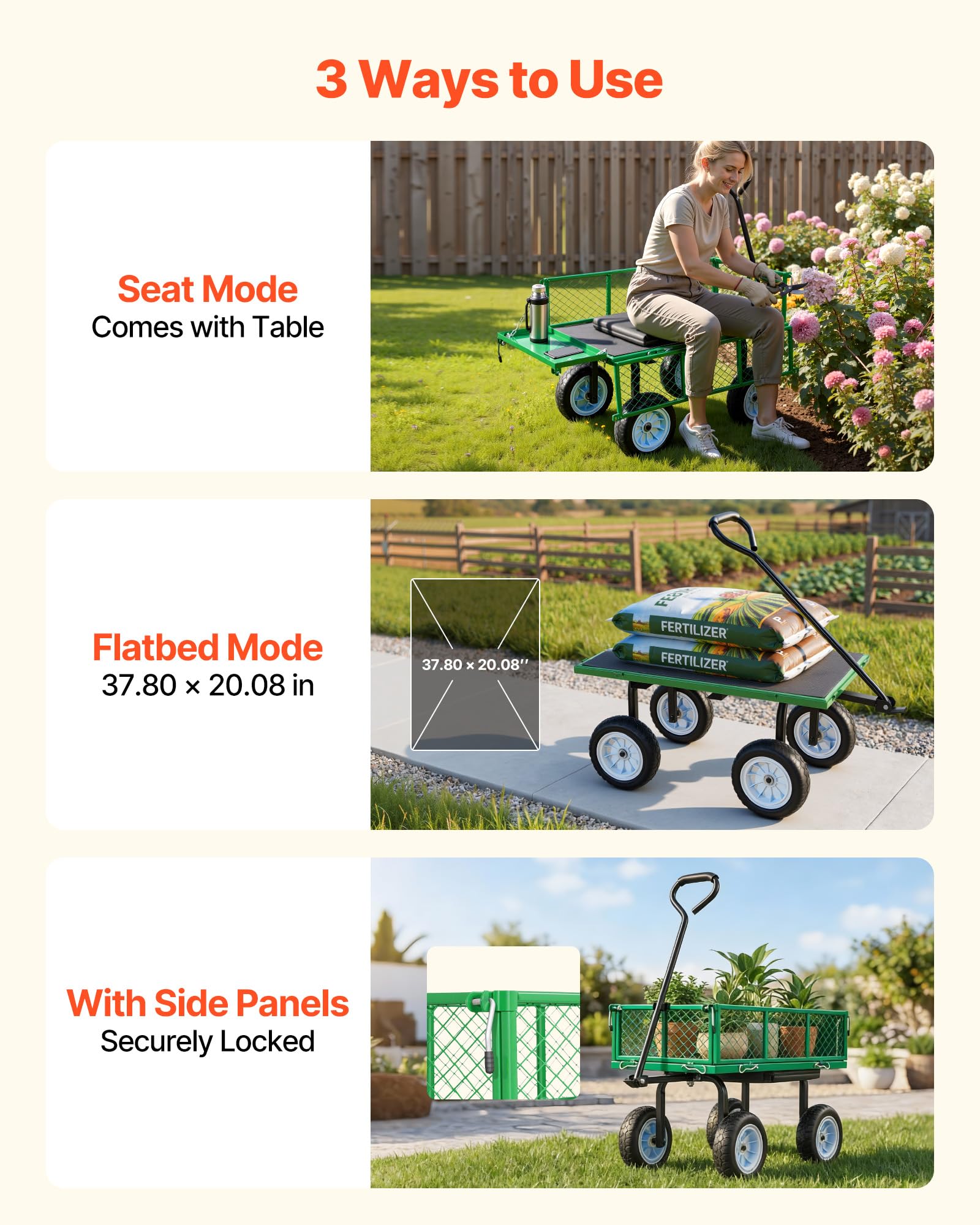 VEVOR Carrello Portaoggetti da Giardino con Sedile Carretto da Giardinaggio in Acciaio Carico max da 226,8 kg Carrello per Trasporto da Giardino con Lati Rimovibili, Legna Terra Detriti, Verde