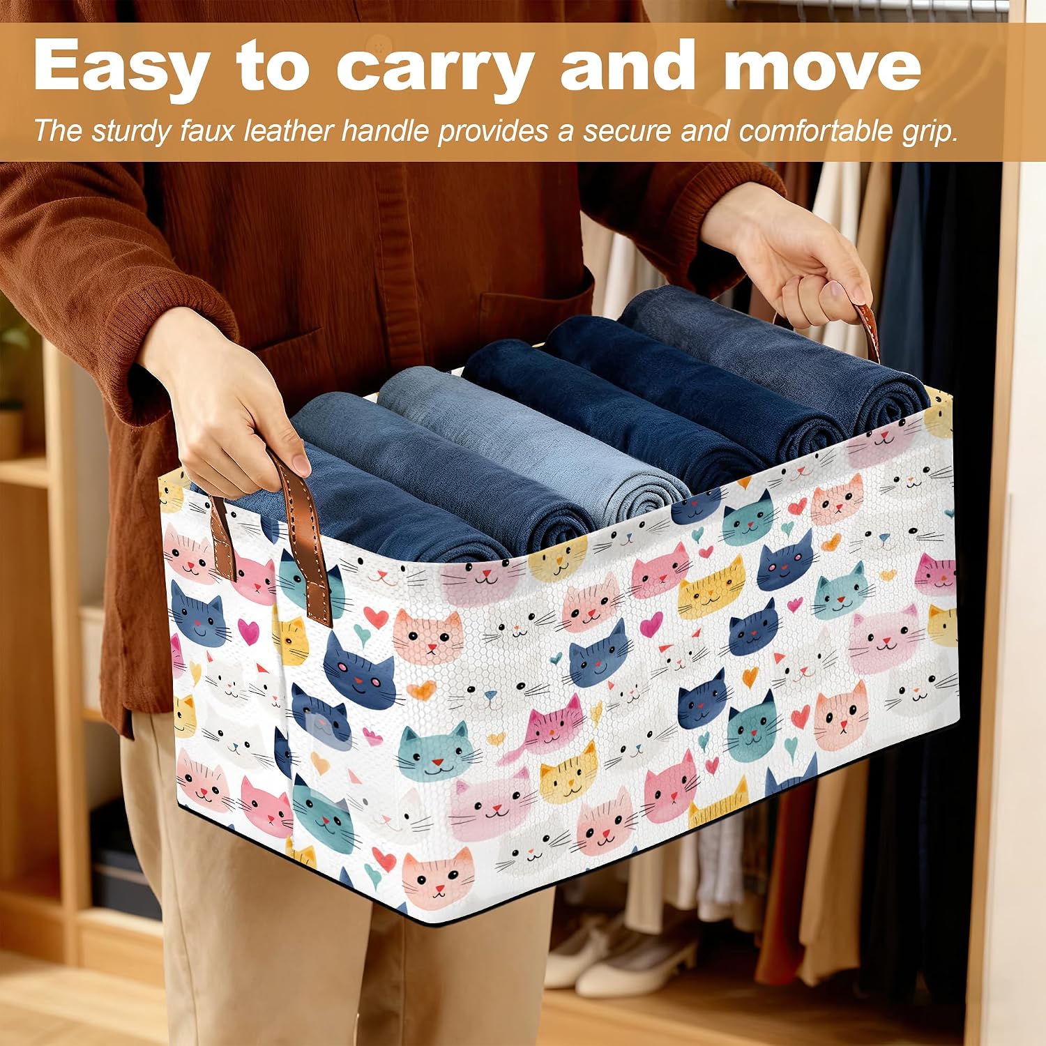Watercolor Cat Storage Bins with Handles, Oxford Fabric Storage Basket with Sturdy Frame, Foldable Closet Organizer for Clothes Towels Blankets Shelf Storage