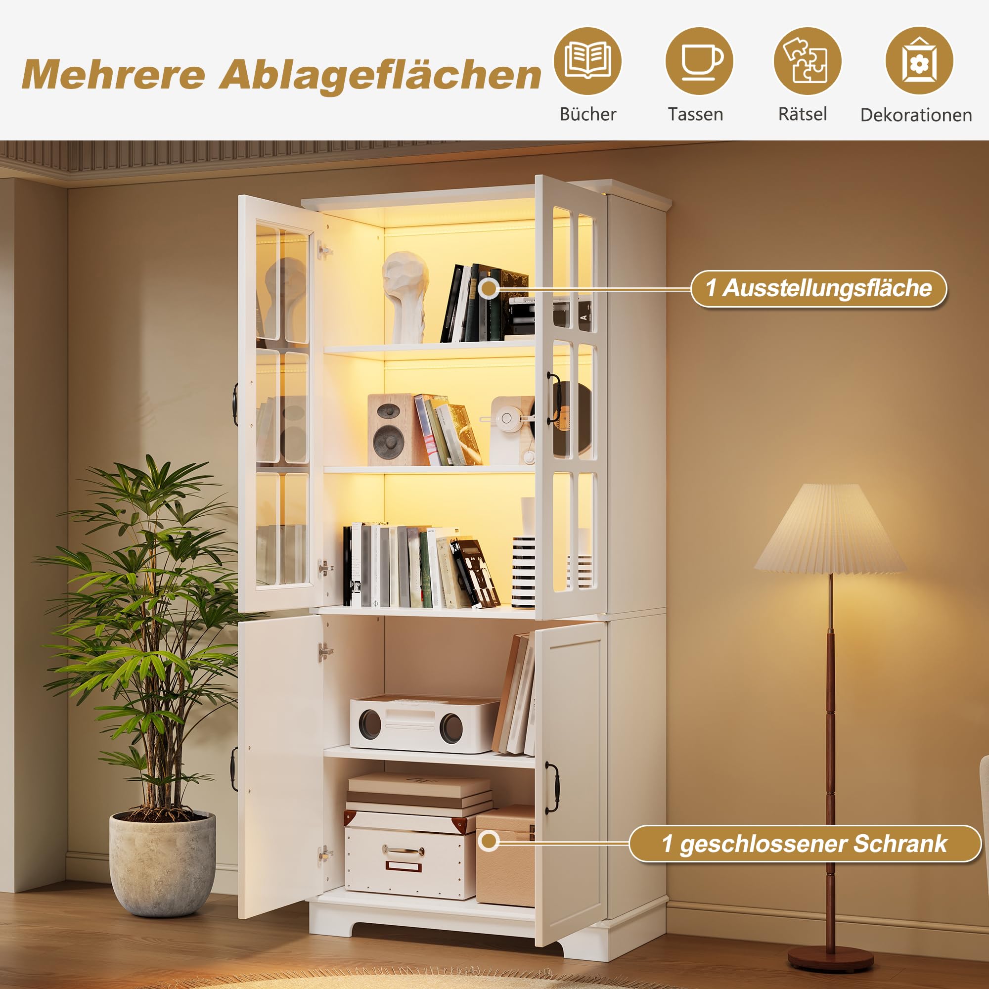 Vitrine Glasvitrine Stehend mit LED Licht und 2 Glasgittern, Vitrinenschrank Highboard mit 5 Etagen, Wohnzimmerschrank Bücherschrank mit Trennwand, Schrank Weiß, Wohnzimmer Möbel, 80x38x180 cm