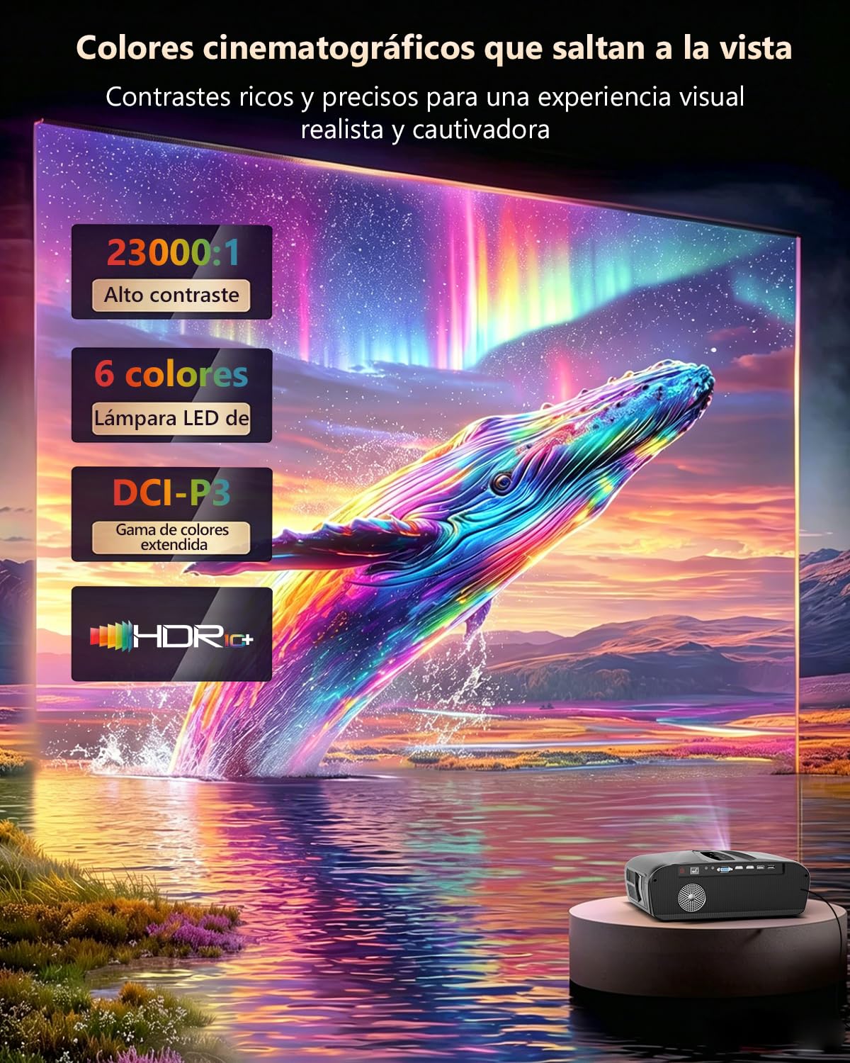 Proyector 4K UHD de 2300 ANSI para Uso diurno, Cine en casa, HDR10, WiFi 6, Bluetooth, NFC, Proyectores Inteligentes con Android, Enfoque automático/corrección Trapezoidal, HDMI ARC, USB, WLAN