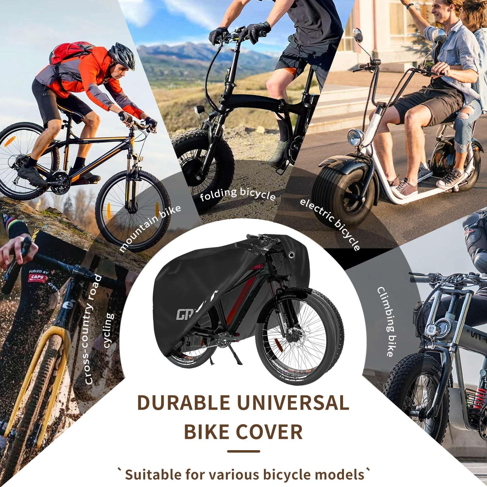 Fundas para bicicleta impermeables para almacenamiento al aire libre. Tiene tres colores y dos tamaños. La funda para bicicleta está equipada con un candado de cadena para portabicicletas