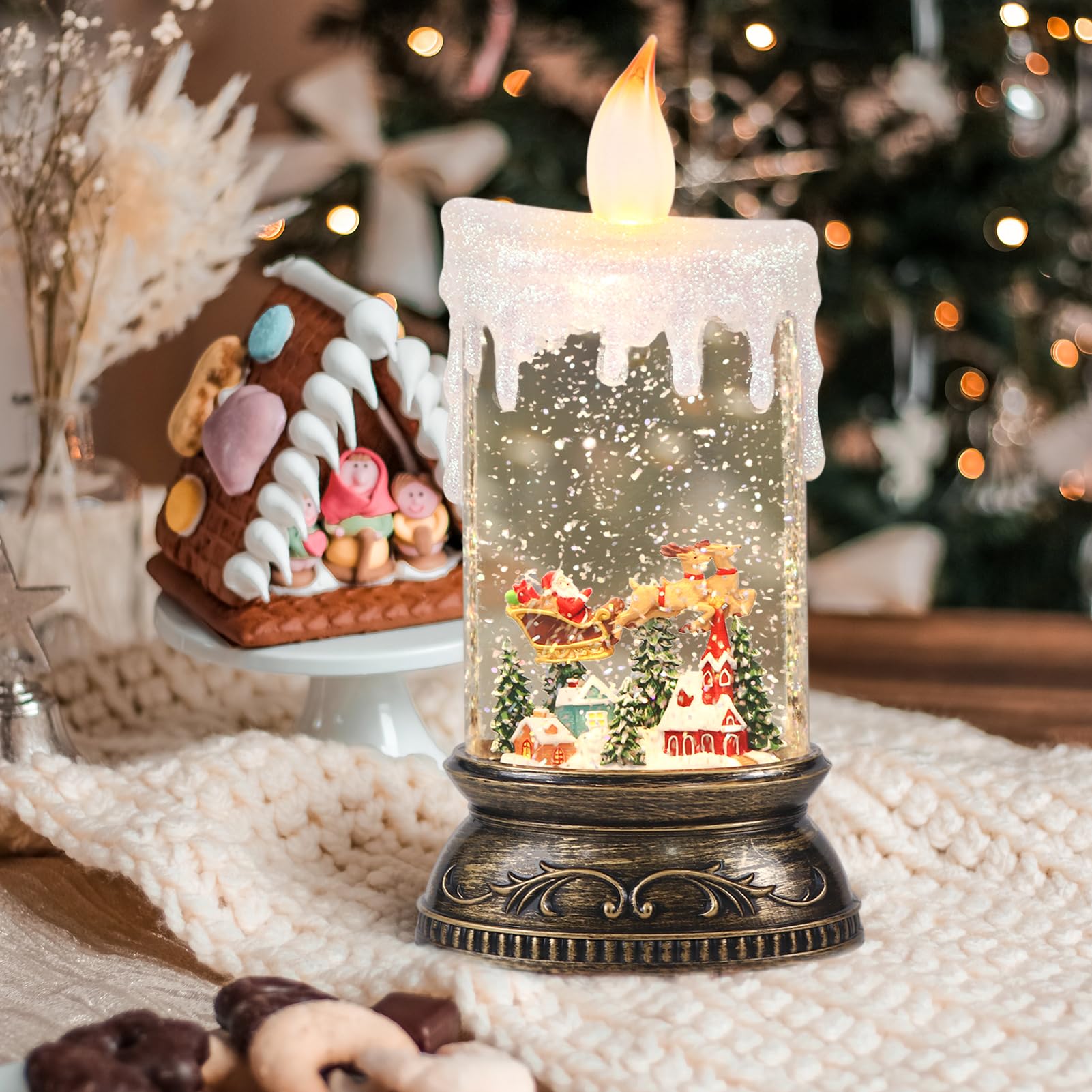 Wondise Rechargeable Musical Santa Snow Globe Lantern - Spinning Glitter With 6-Hour Timer