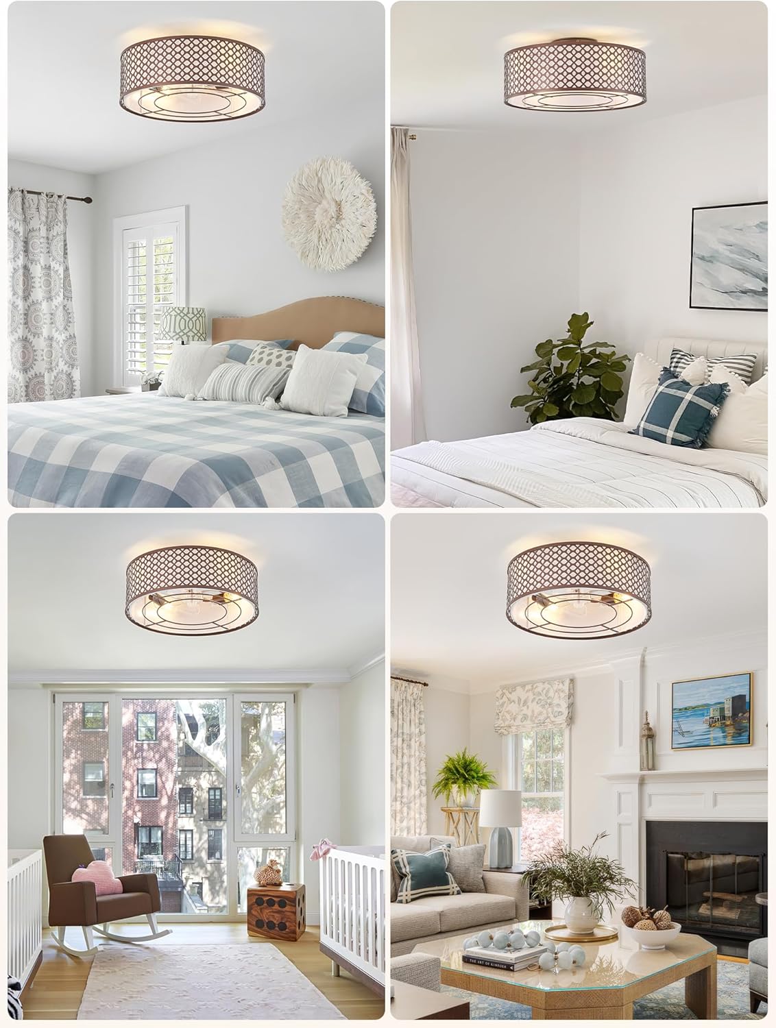 20" Brown Ceiling Fan with Light Flush Mount, Caged Farmhouse Ceiling Fans with Lights Remote Control, Round with 6 Speeds for Bedroom, Nursery, Living Room