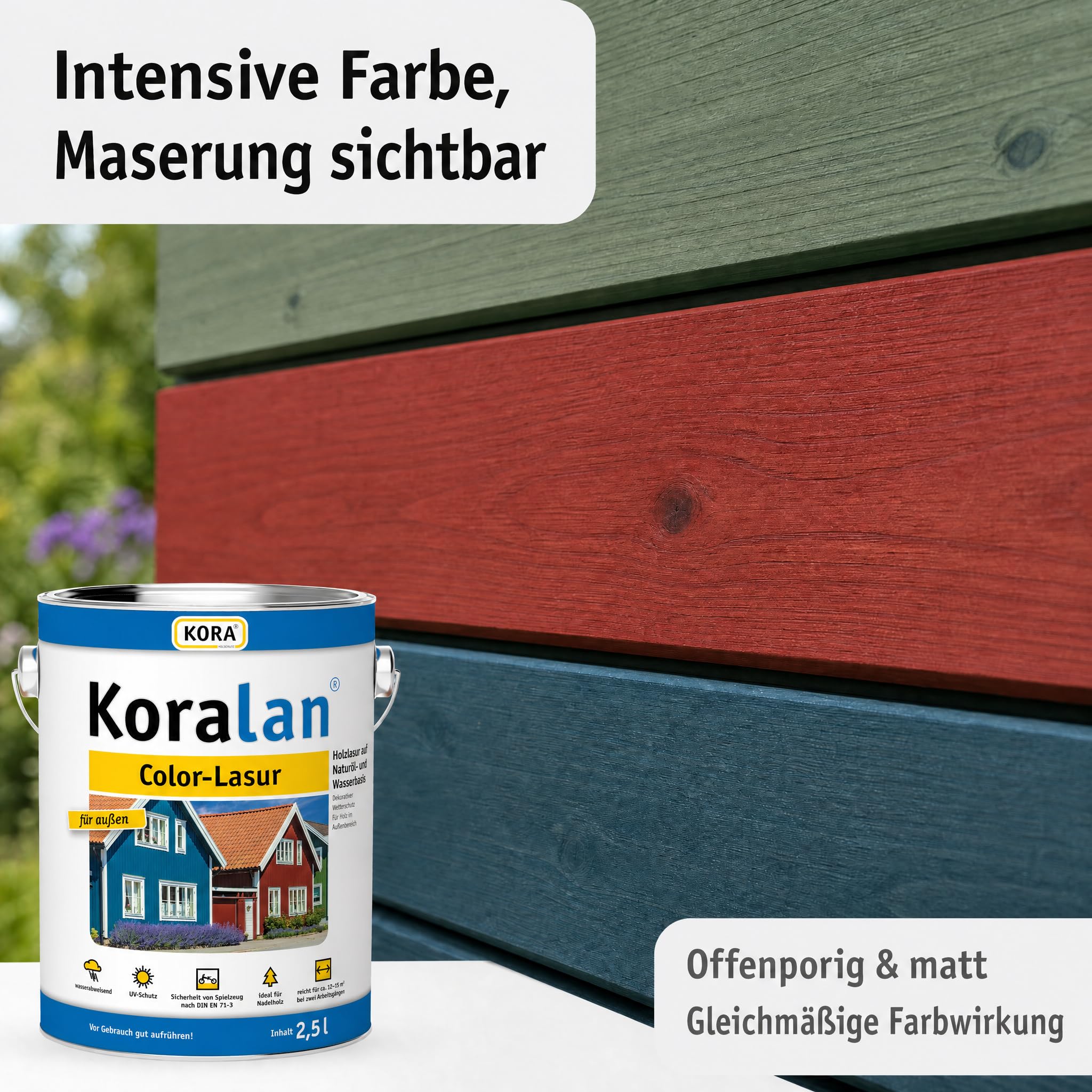 KORA® Koralan® Color-Lasur für Holz im Außenbereich, wetterfeste Holzlasur auf Naturöl- und Wasserbasis, schützt vor Witterungseinflüssen, ideal für Holz im Garten (Schwedenrot, 2,5 Liter)