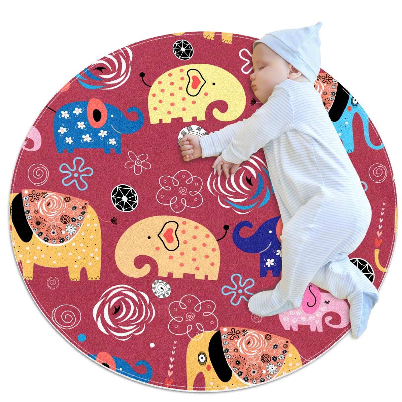 Tapis rond éléphants colorés créant un coin de jeu joyeux