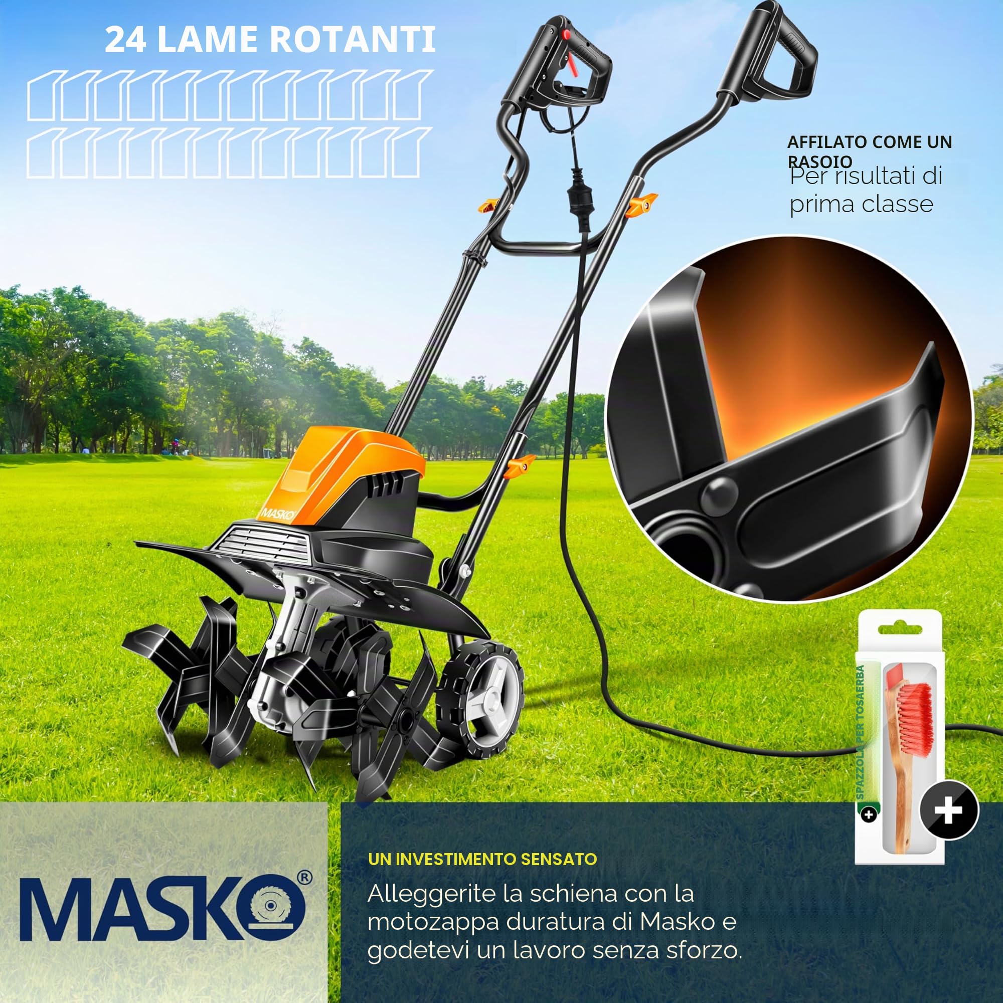 MASKO® Motozappa elettrica 1500W | larghezza di lavoro 40 cm - profondità di lavoro 20 cm | zappatrice per terreno | fresatrice agricola - coltivatore - fresa da giardino | zappatrice elettrica