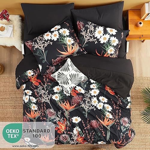 Miniatura 4 de CASAAGUSTO Juego de edredón tamaño Queen, 8 piezas de edredón floral negro con patrón de flores y hojas, diseño de sirsaca suave para todas las