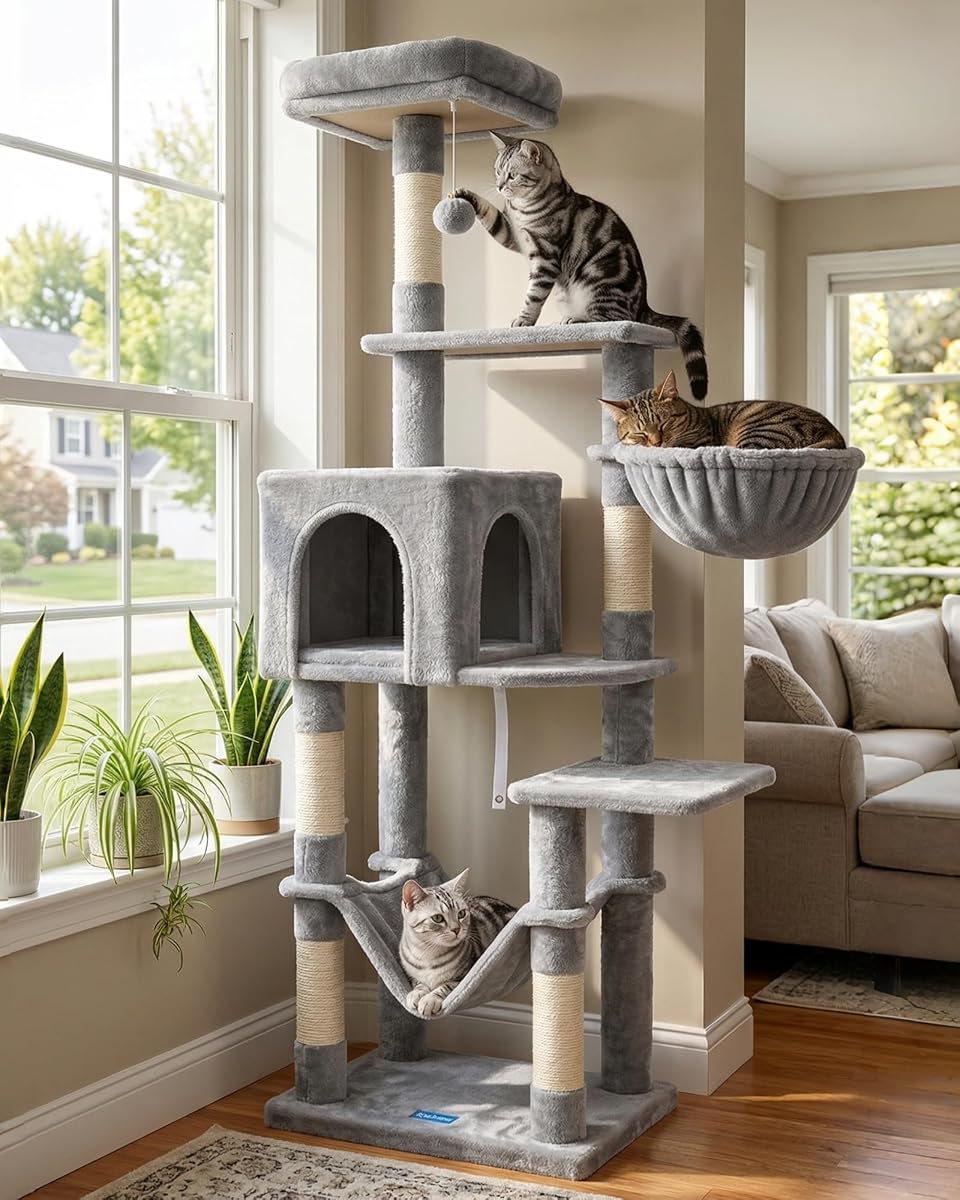 Hey-brother Cat Tree, Multi-Level Sisal Covered Scratching Posts, MPJ050W | 60.6 Inches Tower with Condo, Large Hammock, Top Perch, Toy Ball for Indoor Multi-Cats Households, Light Gray