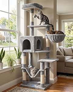 Hey-brother Cat Tree with Large Hammock, Multi-Level Cat Tower for Indoor Cats, Cat Condo with Sisal-Covered Scratching Posts and Top Perch, Light Gray