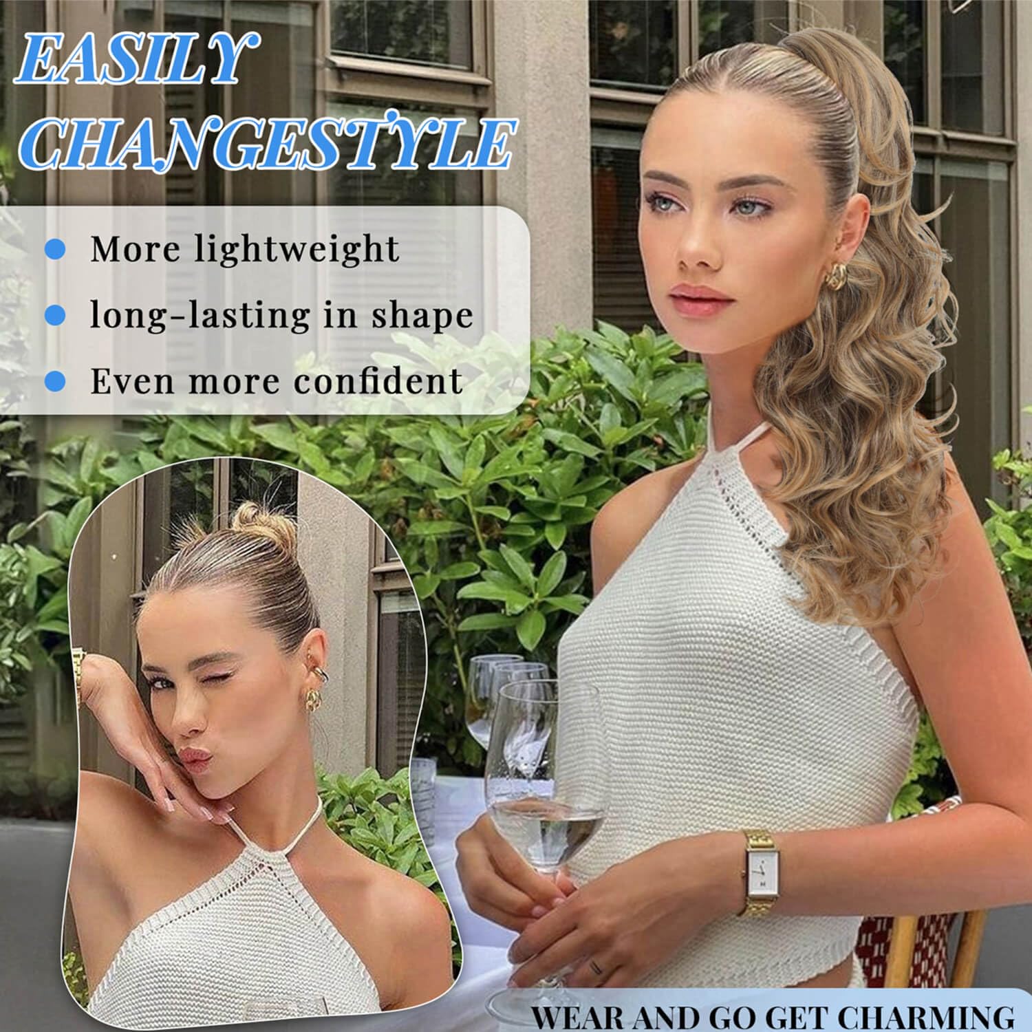PEONYMEBEAUTY 22 inch Hair Extensions Clip in,Multi-layered Fluffy Thick Drawstring Ponytail Blonde Ponytail Extension Synthetic Hair Pieces for Women for Daily Use Brown to Blonde - Image 3